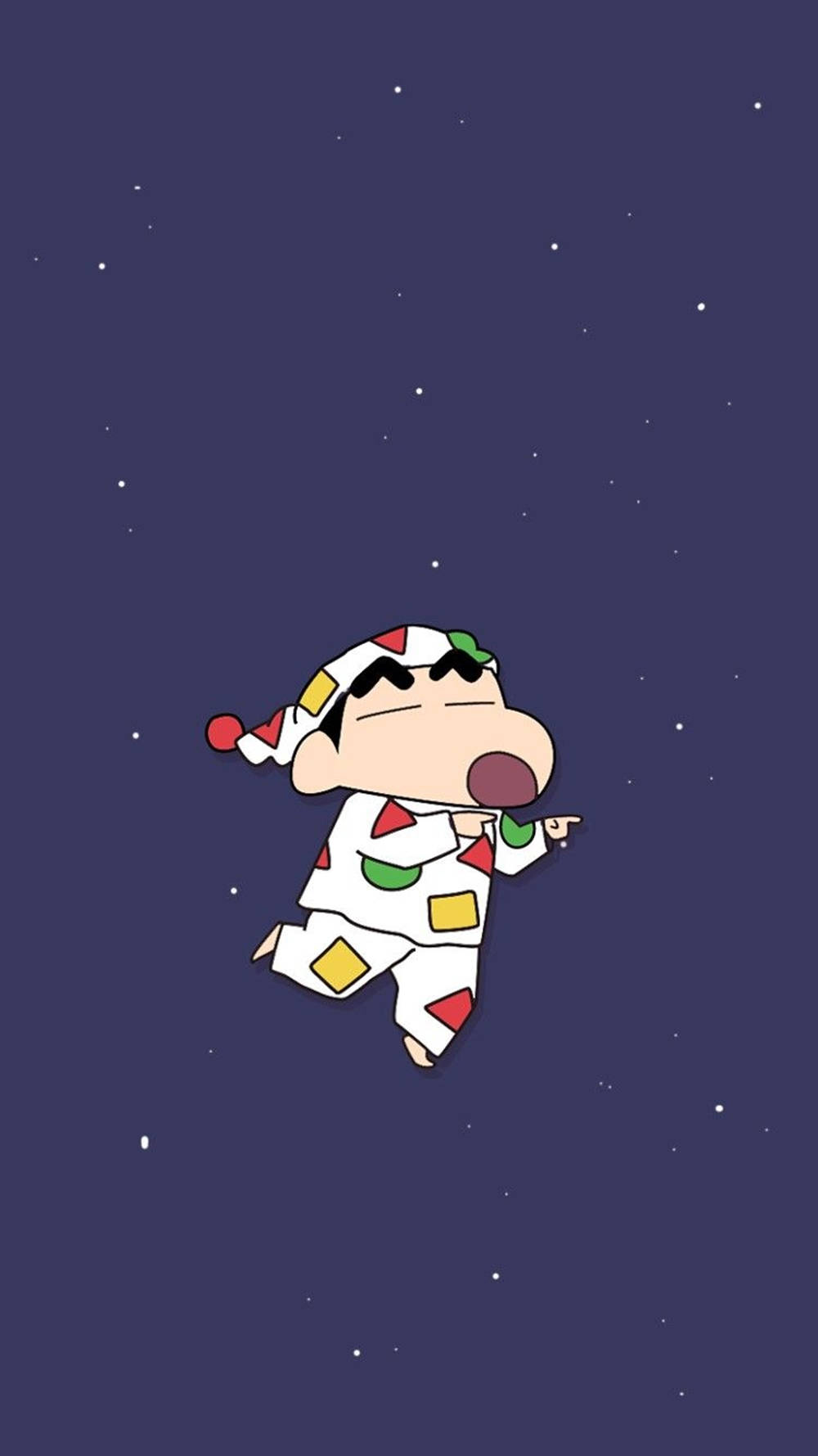 Shin Chan 桌布 壁紙 — 一個穿著彩色睡衣的卡通男孩，閉著眼睛，在繁星點點的夜空中平靜地漂浮。