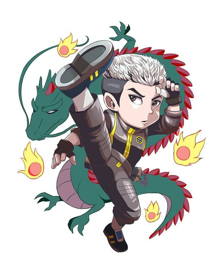 Mobile Legends 桌布 壁紙 — 一個穿著戰鬥裝備的Q版動畫男孩在白色背景前踢一頭被火球包圍的綠色龍。