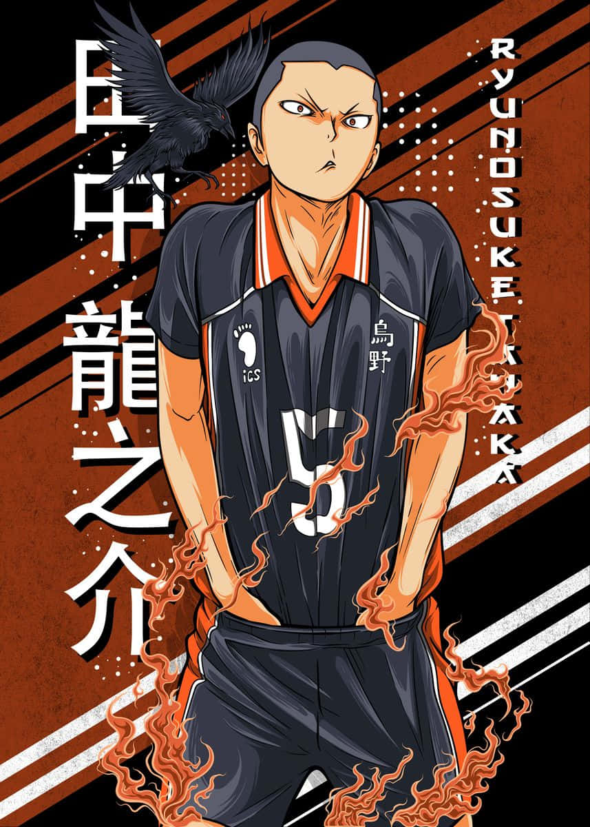 Tanaka Ryunosuke 桌布 壁紙 — 一個穿著排球隊服的動漫角色，帶著熾熱的能量和頭頂上的烏鴉，站在動感條紋背景前。