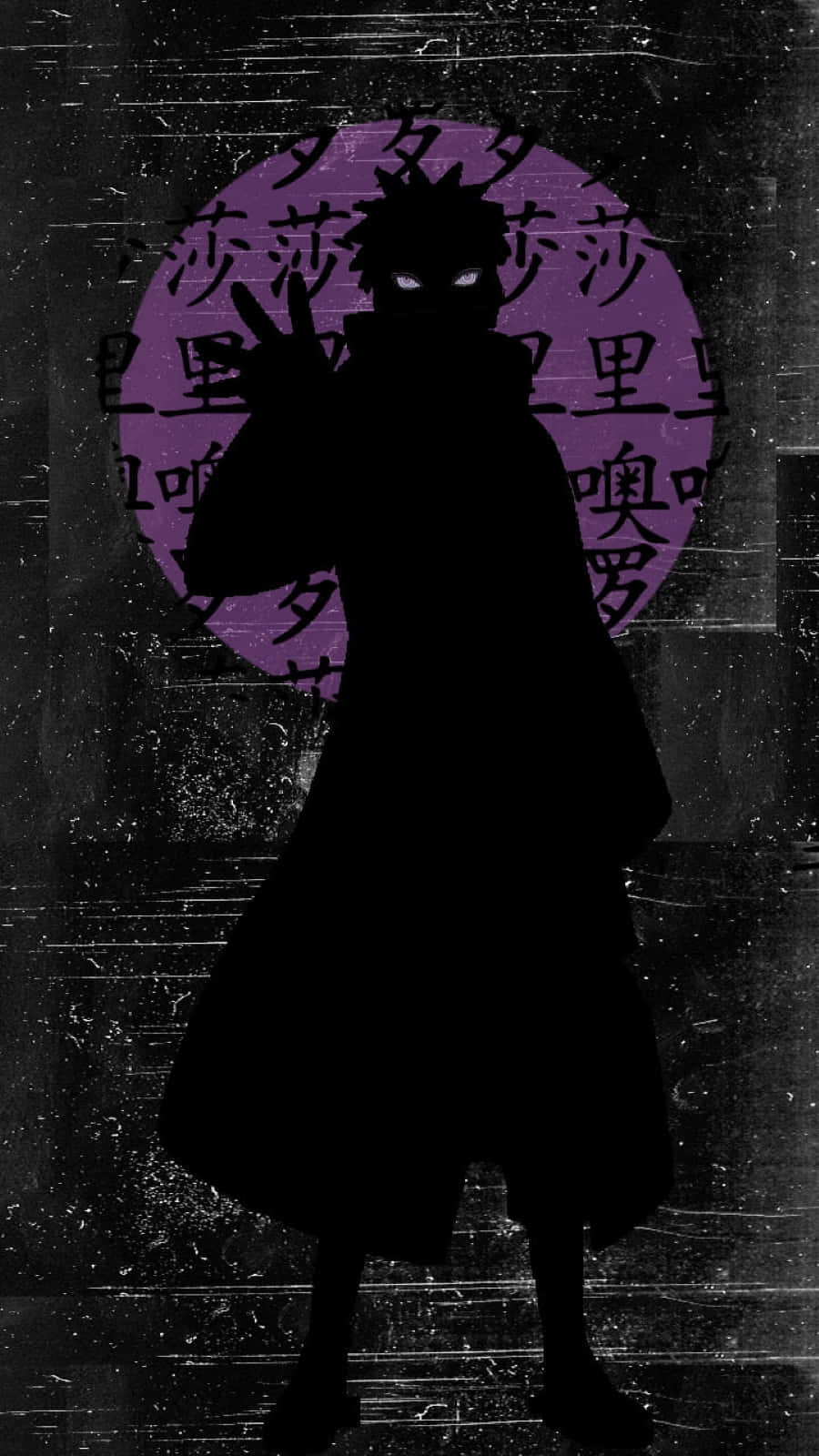 Akatsuki Ninja 桌布 壁紙 — 一個穿著斗篷的忍者黑色剪影，站在一個帶有日文字符的紫色圓形徽章前，背景是粗糙的紋理。