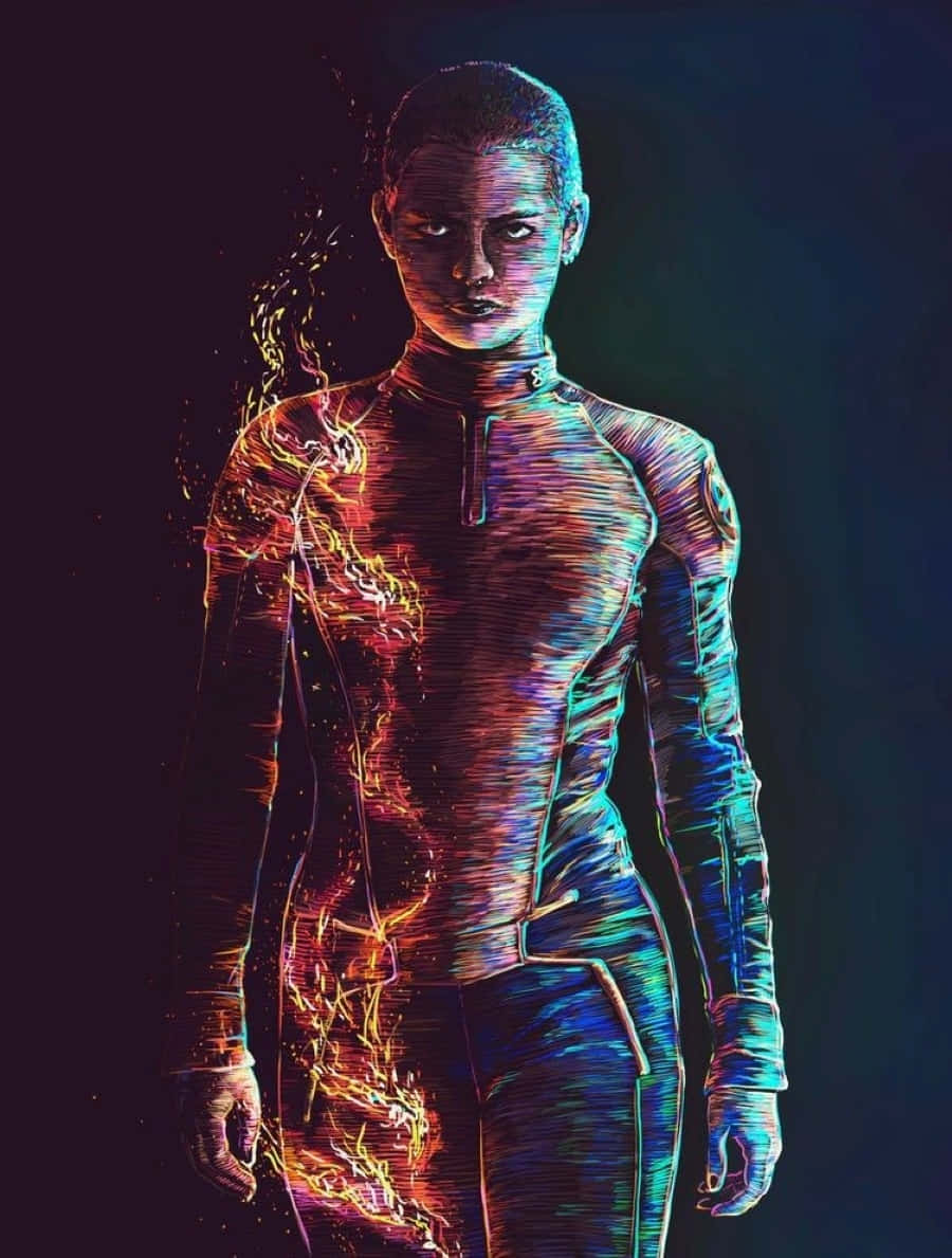 Negasonic Teenage Warhead 桌布 壁紙 — 一個穿著時尚西裝的未來人物站立著，電能在他們的軀幹上噼啪作響，背景是深色漸變。