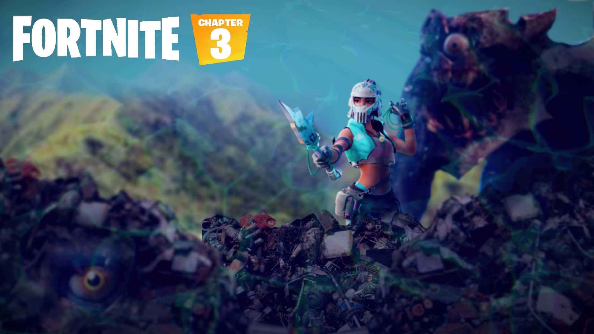 Fortnite Chapter 3 桌布 壁紙 — 一個穿著未來裝備的 Fortnite 角色，在充滿巨型機械眼睛和廢墟的超現實景觀中，手持發光武器準備就緒。