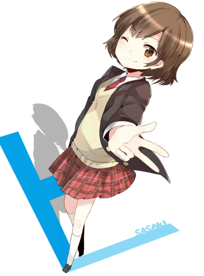 Haruhi Sasaki 桌布 壁紙 — 一個穿著校服、開心的動畫女孩站在一個藍色大字母Y旁邊，微笑並揮動一隻手。