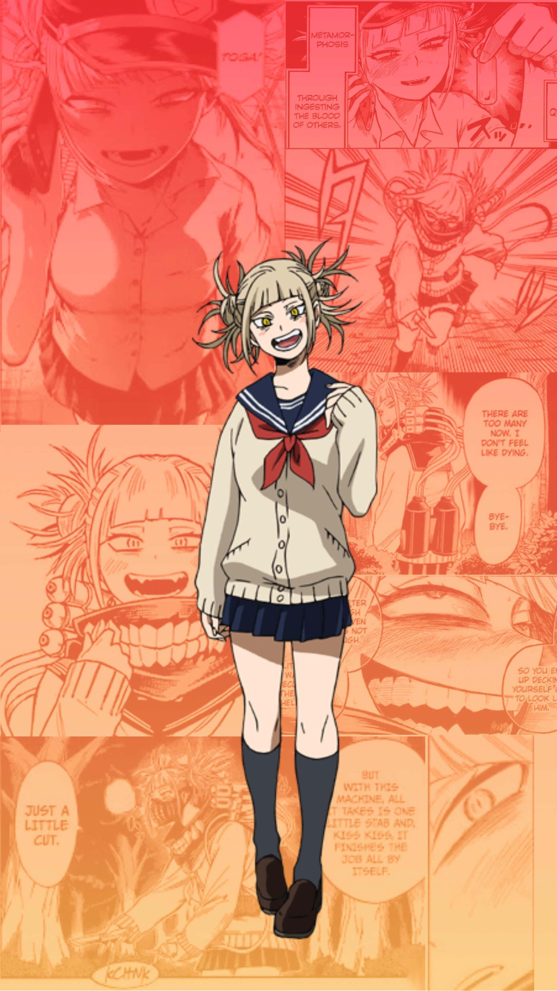 Toga 桌布 壁紙 — 一個穿著校服嘅開心動漫女仔企喺舞台中央，背景係紅橙色漫畫格。