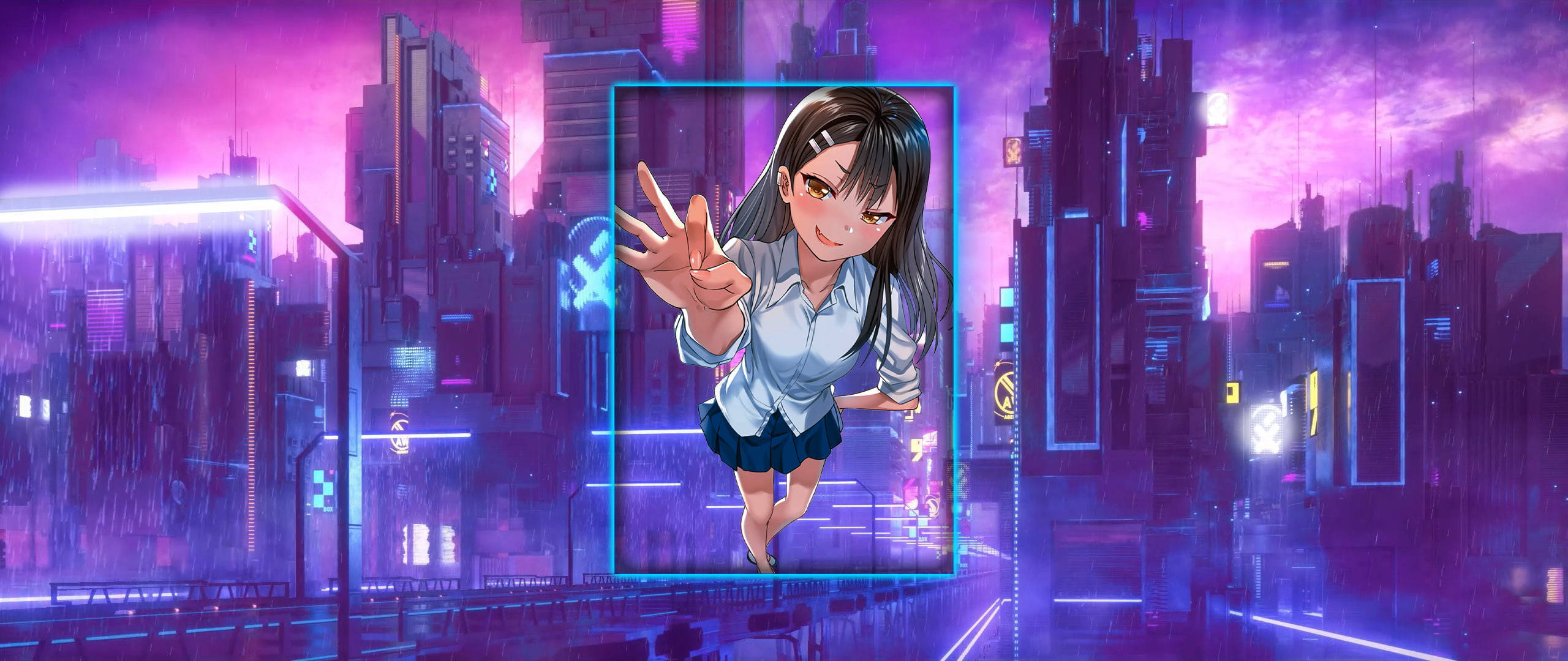 Nagatoro 桌布 壁紙 — 一個穿著校服嘅開心動漫女仔喺發光藍色框入面向住落雨嘅霓虹賽博朋克城市景觀揮手。