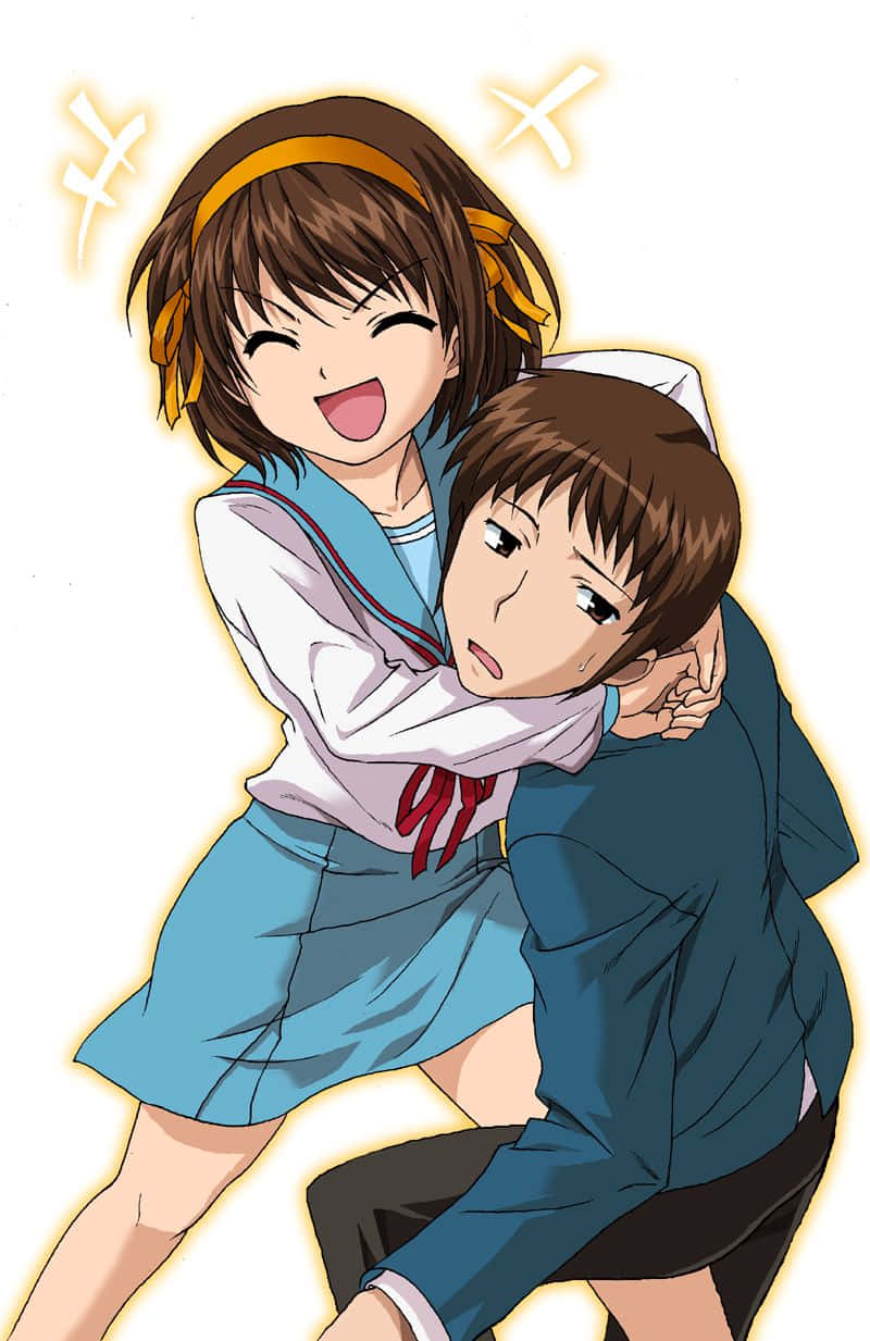 Kyon 桌布 壁紙 — 一個穿著校服嘅開心動畫女仔從後面攬住一個驚訝嘅男仔，佢頭周圍有閃閃發光嘅效果。