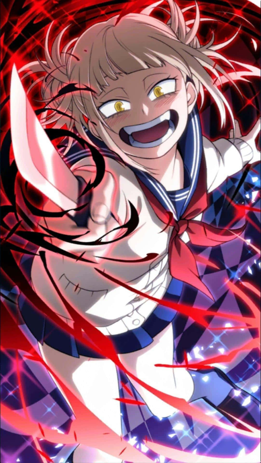 Toga 桌布 壁紙 — 一個穿著校服的兇猛動漫女孩在旋轉的紅色能量和閃爍的粒子中揮舞著發光的刀刃。