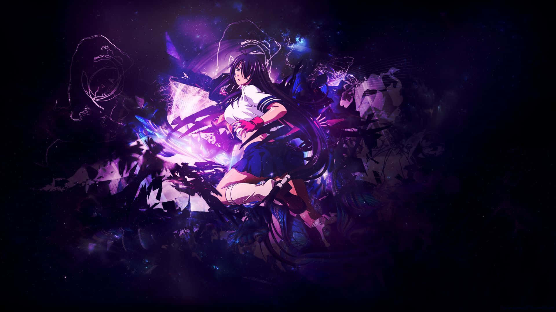 Purple Anime 桌布 壁紙 — 一個穿著校服的動感動漫女孩在黑暗的宇宙背景下釋放出發光的紫色能量。