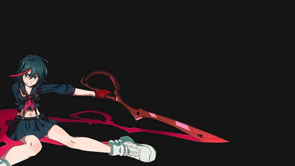 ryuko matoi 桌布 壁紙 — 一個穿著校服的動漫女孩在黑色背景下揮舞著一把巨大的紅色剪刀劍。