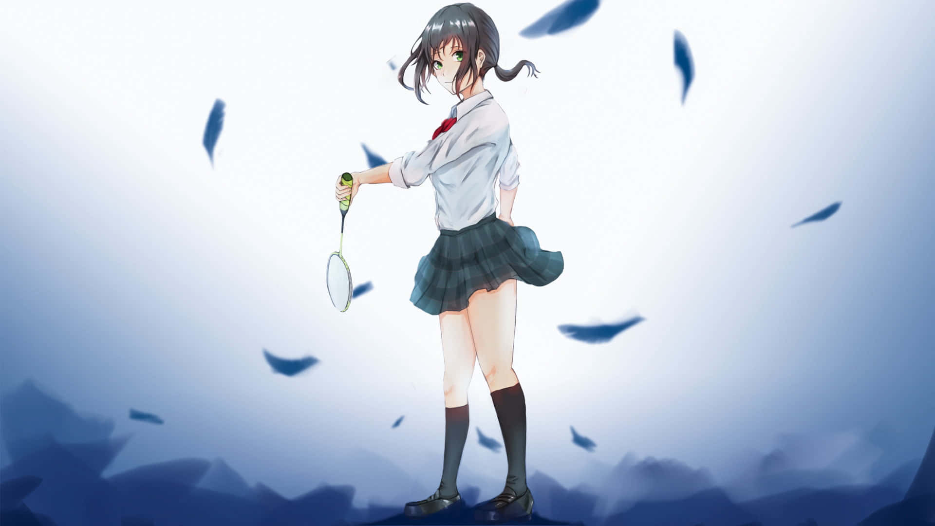 Badminton 桌布 壁紙 — 一個穿著校服的動漫女孩拿著羽毛球拍，藍色羽毛在她周圍飄落，背景是柔和的漸變色。