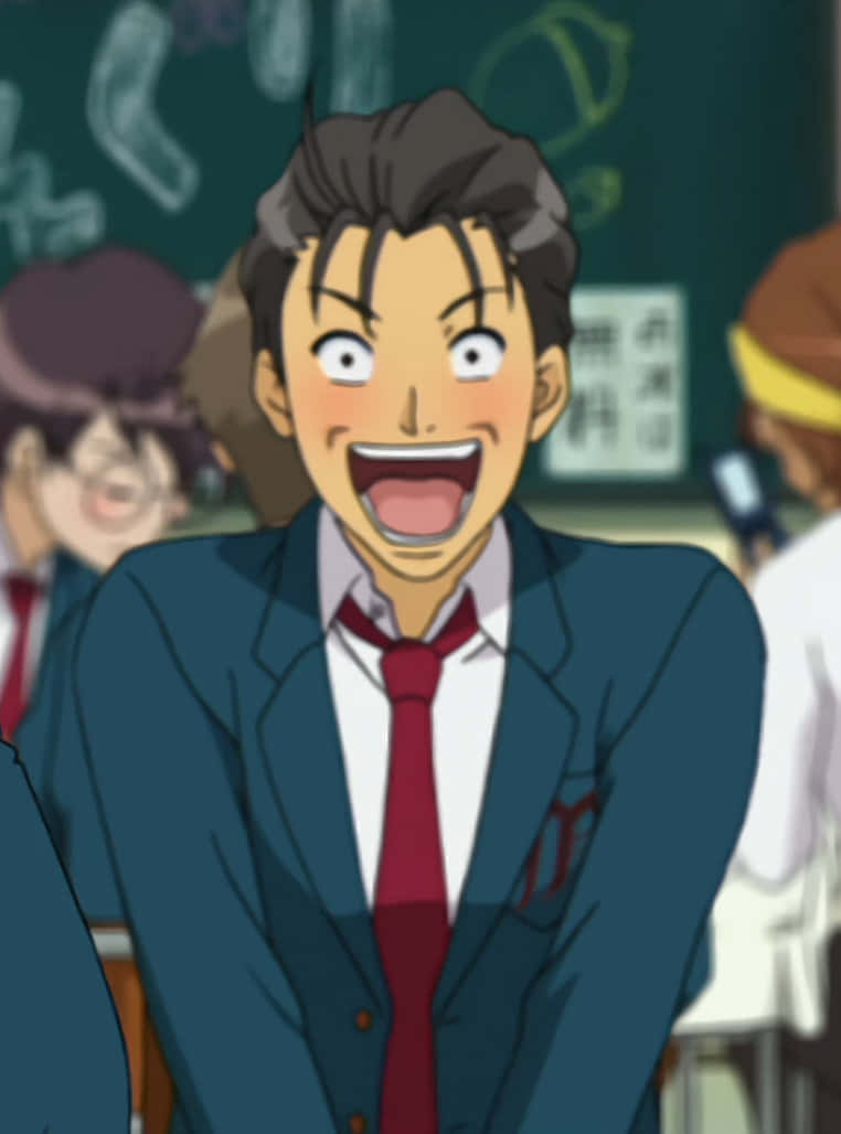 Haruhi Taniguchi 桌布 壁紙 — 一個穿著校服的動畫男孩在課室裡睜大眼睛狂笑。