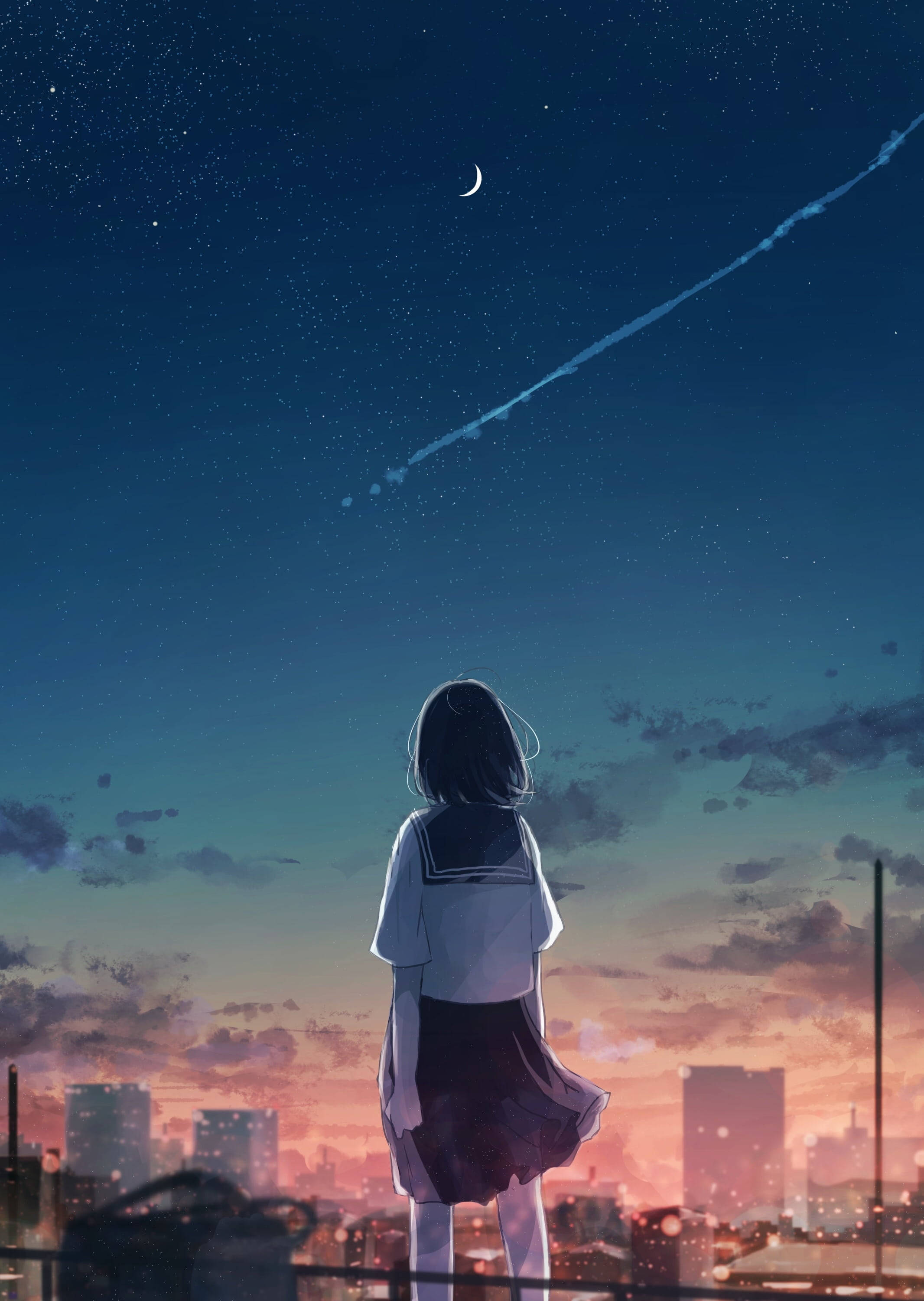 動漫風格動圖 桌布 壁紙 — 一個穿著校服的女孩凝視著星空夜空，有新月和流星劃過發光的城市景觀。