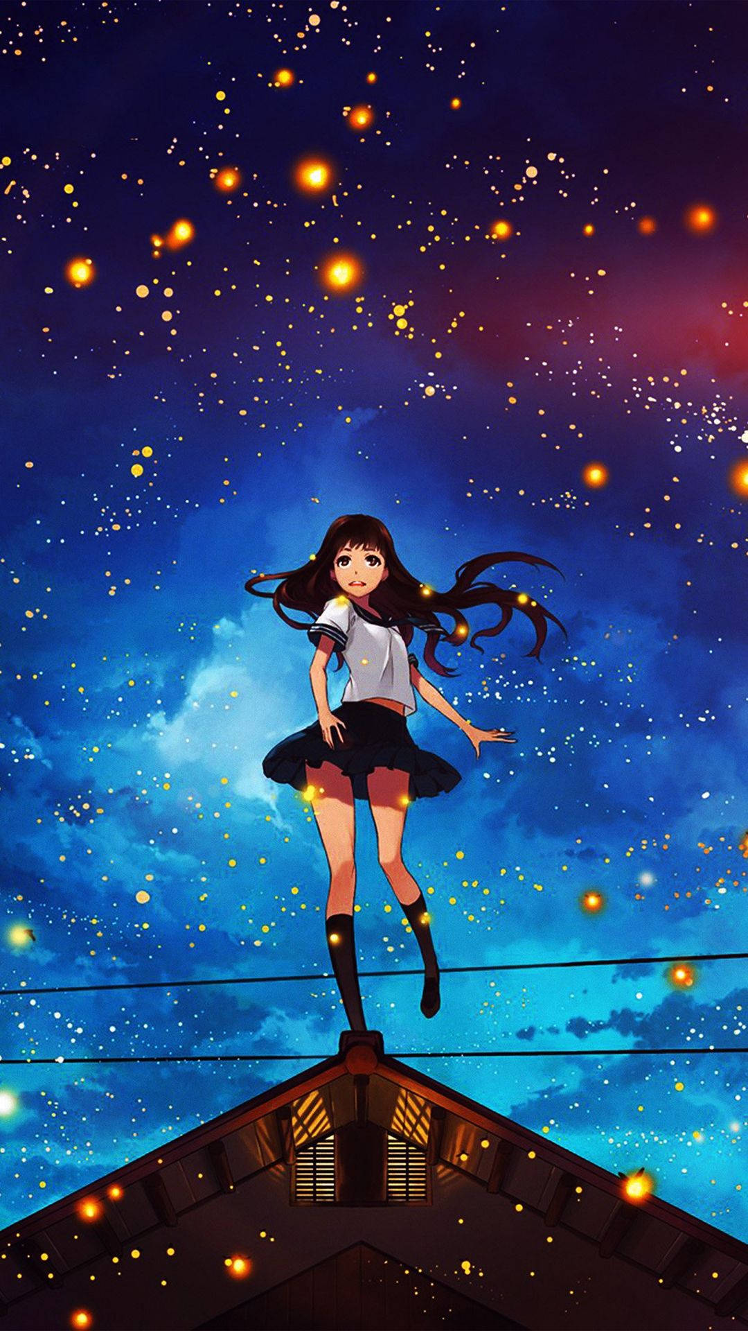 動漫女孩 桌布 壁紙 — 一個穿著校服的女孩在佈滿螢火蟲的星空下漂浮在屋頂上方。