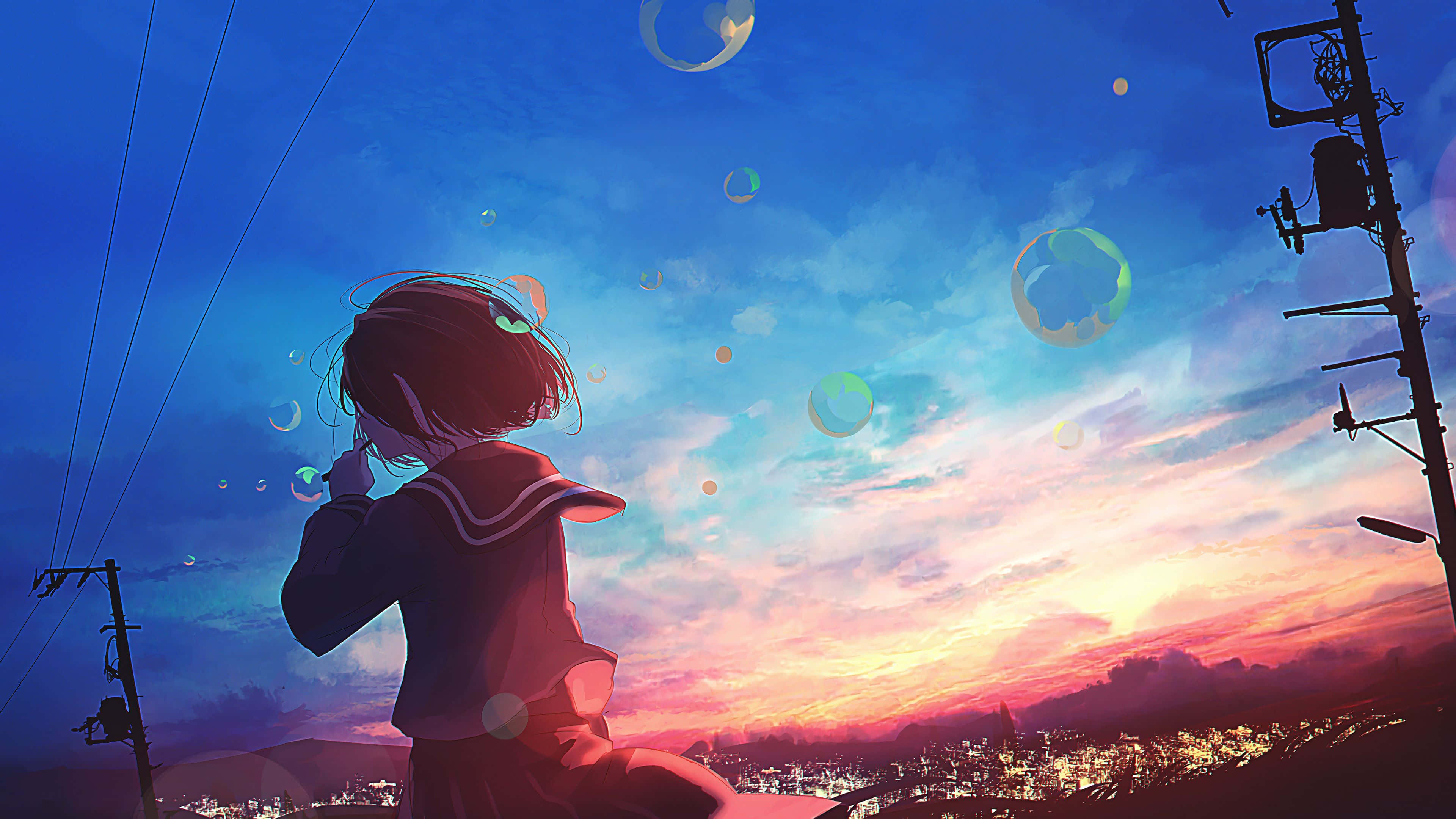 Anime Sunset 桌布 壁紙 — 一個穿著校服的女孩子對著充滿活力的日落天空吹泡泡，下方有城市燈光和電線。