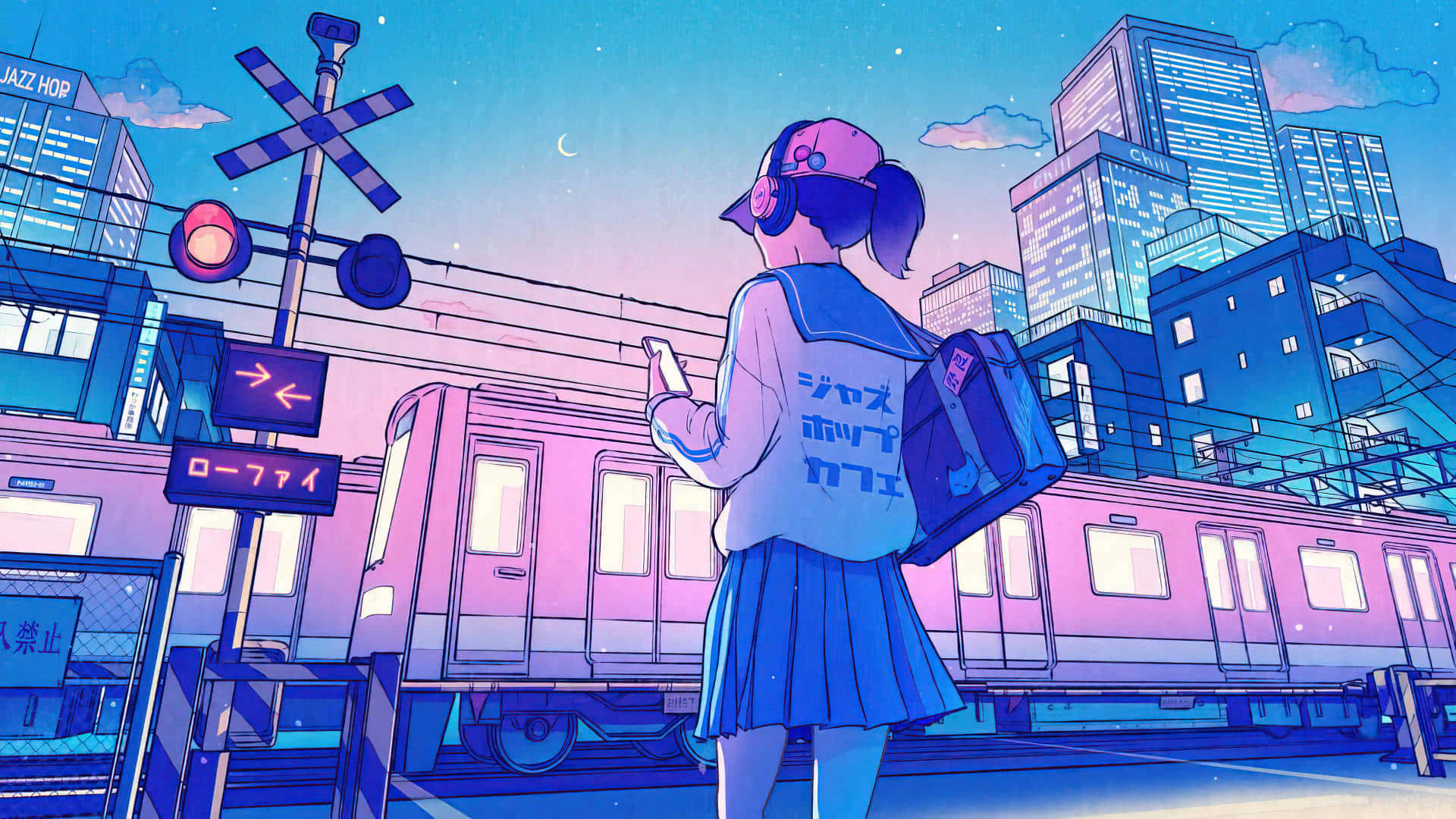 Aesthetic Anime City 桌布 壁紙 — 一個穿著校服的女孩站在一個閃爍著粉紅色和藍色光芒的火車站，背景是繁星點點的夜空和一彎新月。