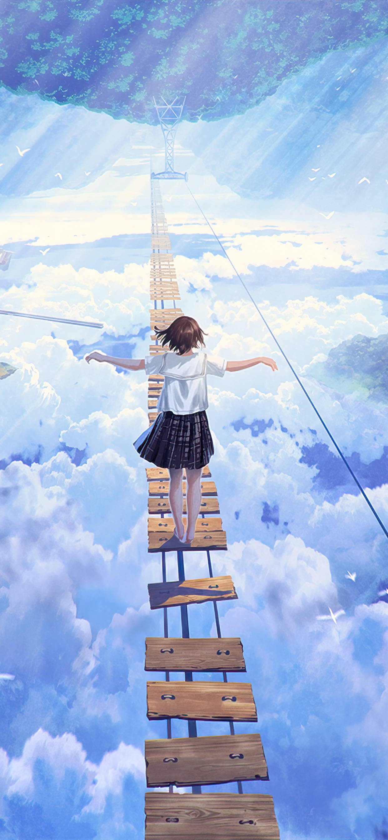 Clouds Aesthetics 桌布 壁紙 — 一個穿著校服的女孩赤腳走在懸浮於蓬鬆雲朵之上的木橋上，朝著晴朗藍天下遠處的塔樓走去。