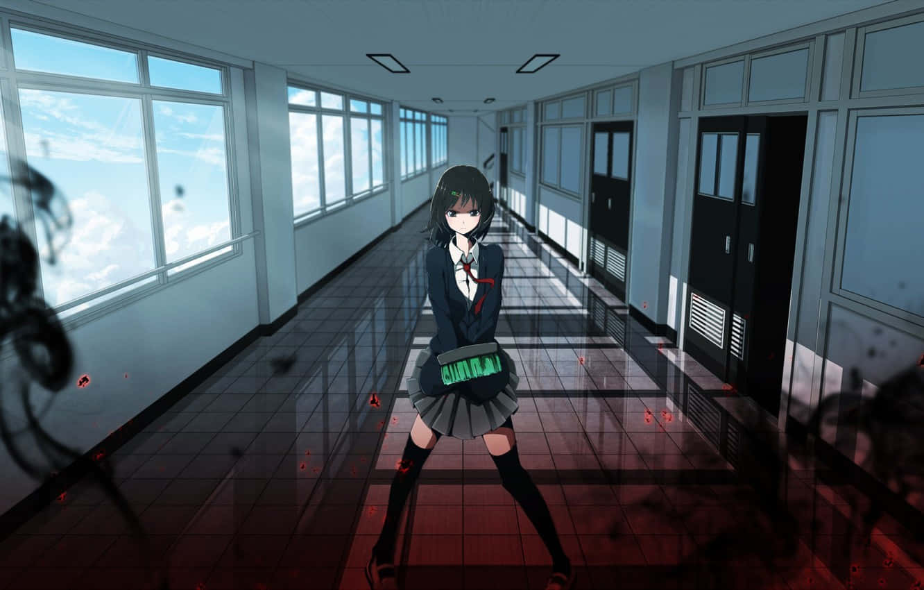 一個穿著校服的女學生站在空曠的走廊上 壁紙