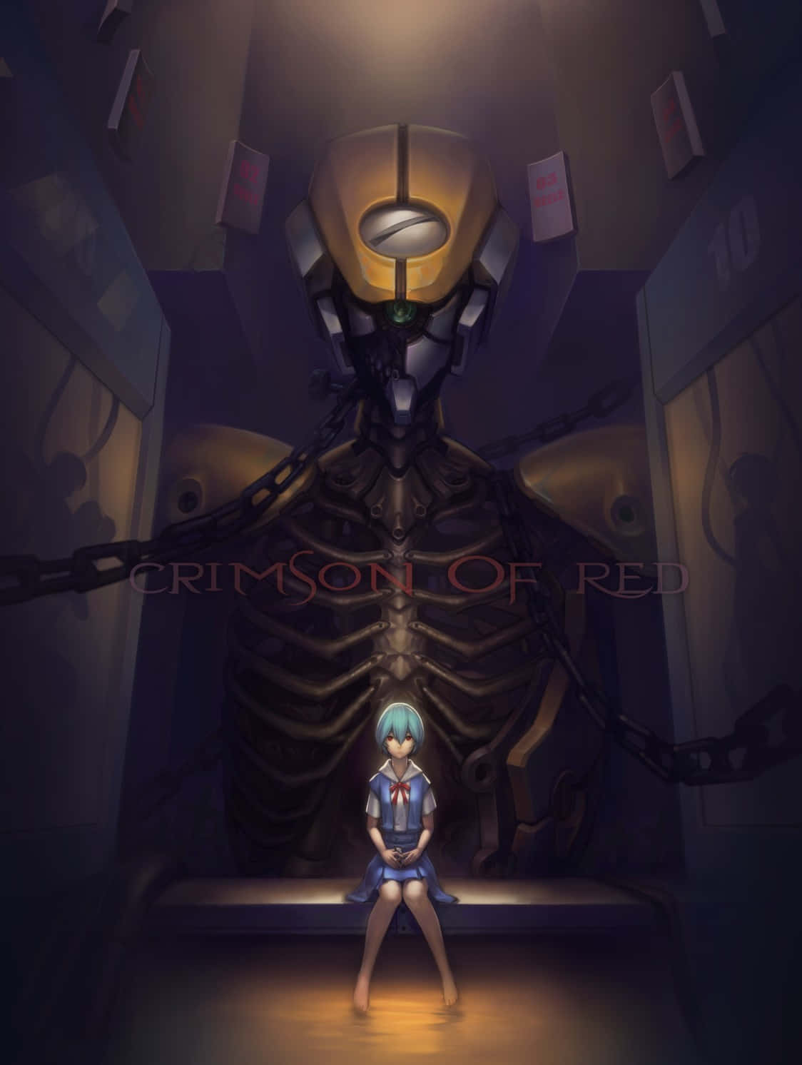 Eva-00 桌布 壁紙 — 一個穿著校服的小型動畫女孩站在昏暗走廊中，面前是一個高聳的鎖鏈機器人。