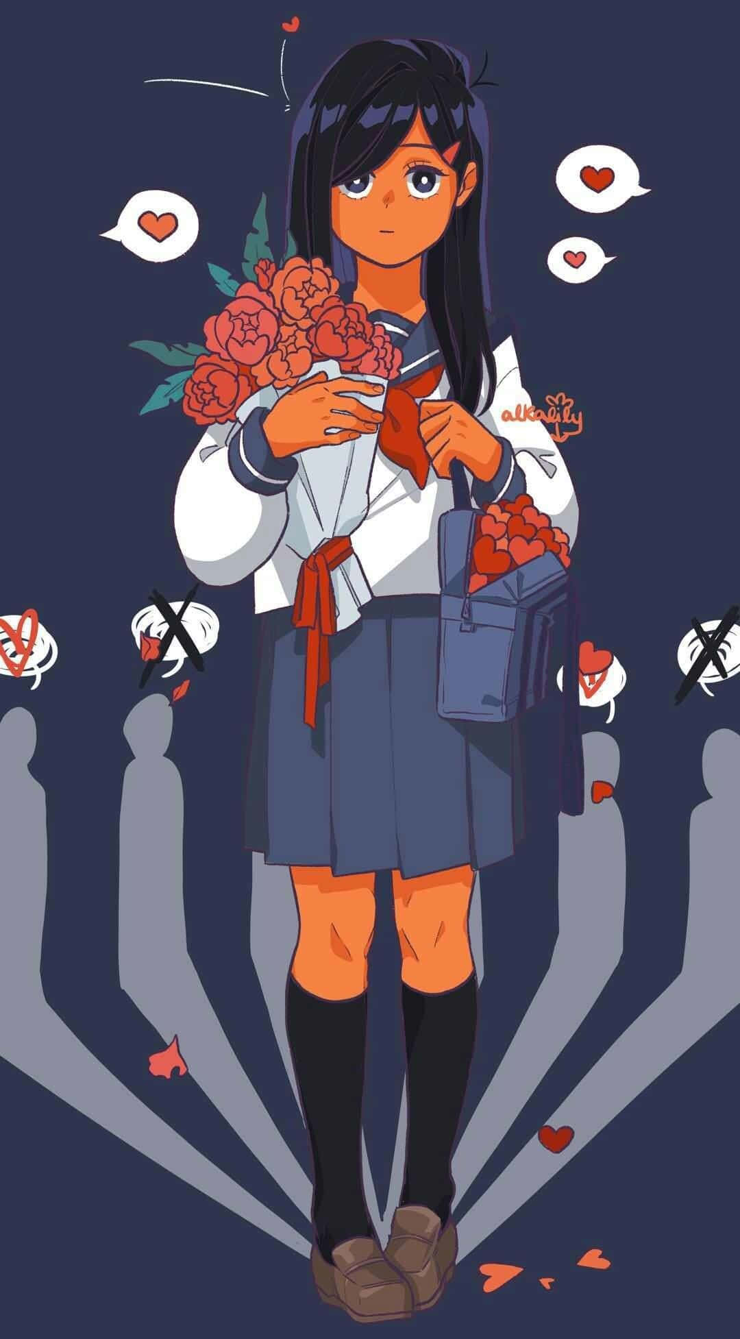 Tsubomi Takane 桌布 壁紙 — 一個穿著校服的年輕動漫女孩，手持一束紅玫瑰，周圍漂浮著心形和陰影人物。