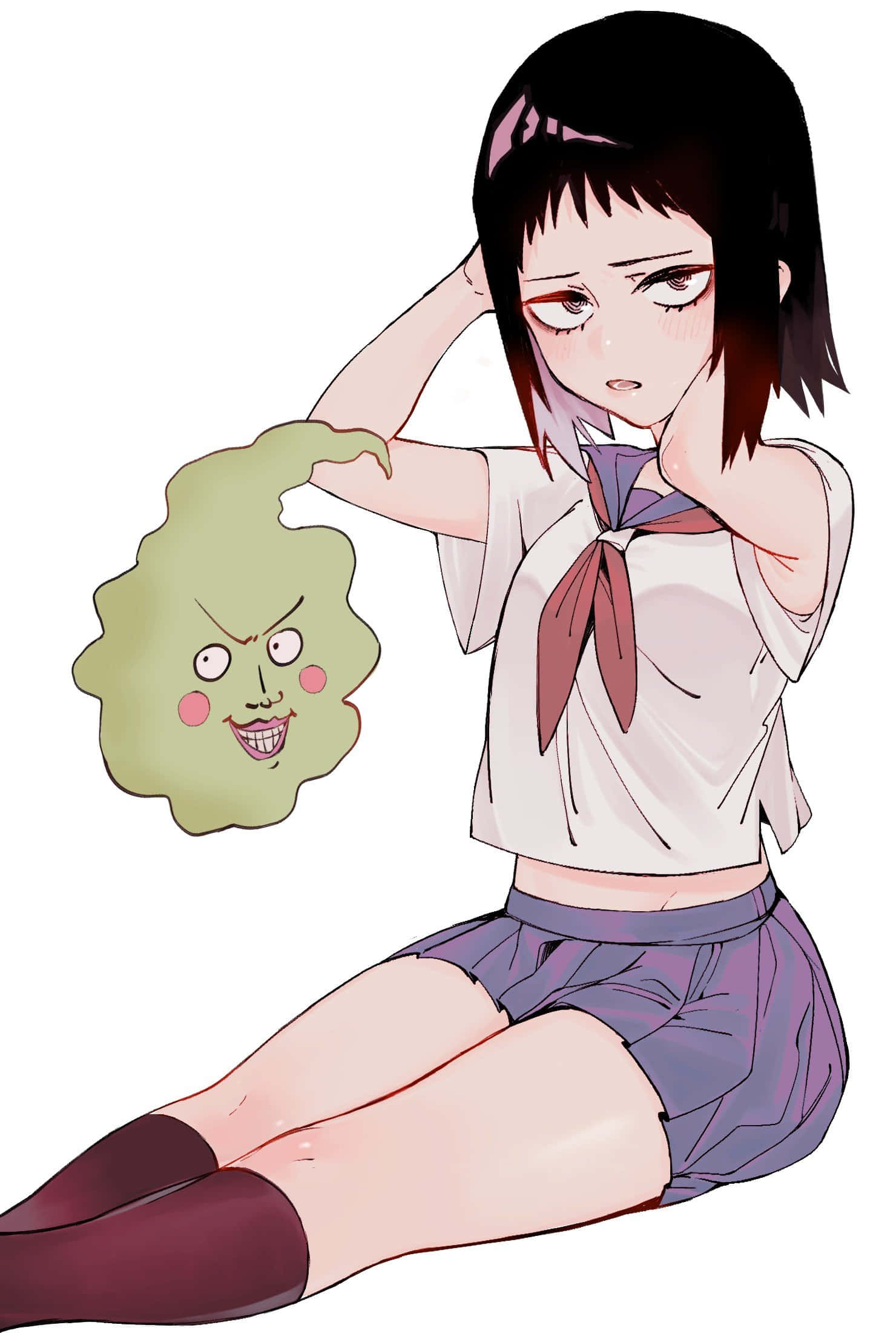 Tome Kurata 桌布 壁紙 — 一個穿著校服的年輕動漫女孩坐著，旁邊漂浮著一個調皮的綠色史萊姆生物。