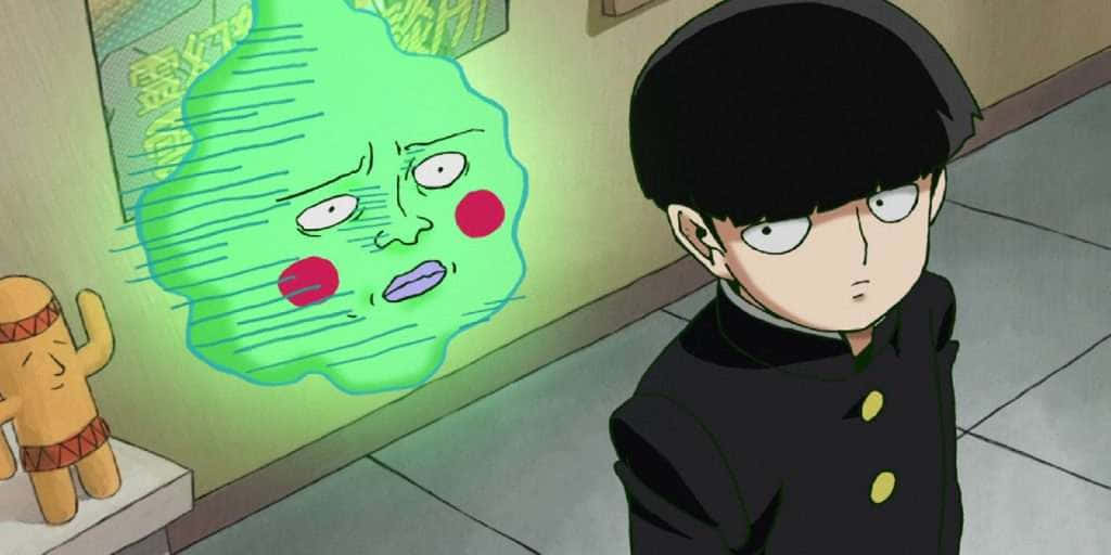 Mob Psycho 100 Ekubo 桌布 壁紙 — 一個穿著校服的年輕動漫男孩凝視著一個漂浮在他旁邊的綠色幽靈臉孔，臉頰紅紅的。