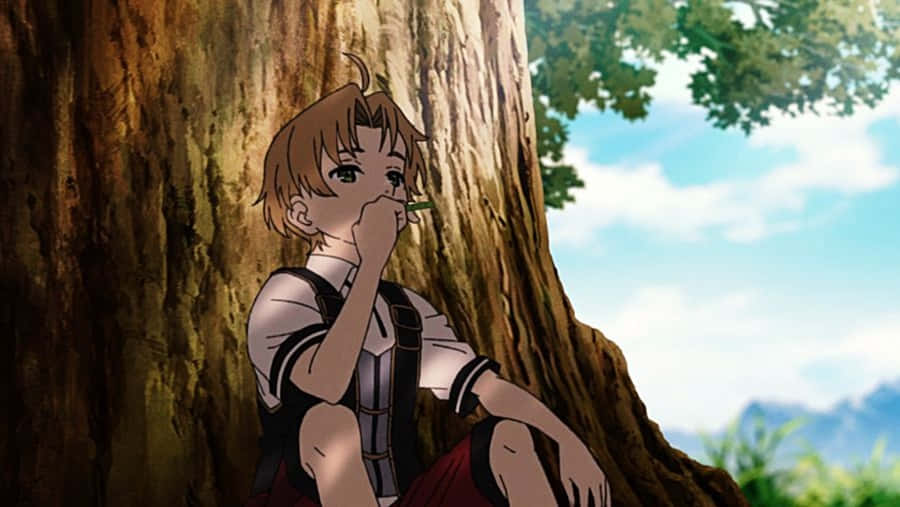 Mushoku Tensei 桌布 壁紙 — 一個穿著校服的年輕動漫男孩靠著巨大的樹幹，在明亮的藍天下將一片綠葉放在唇邊。