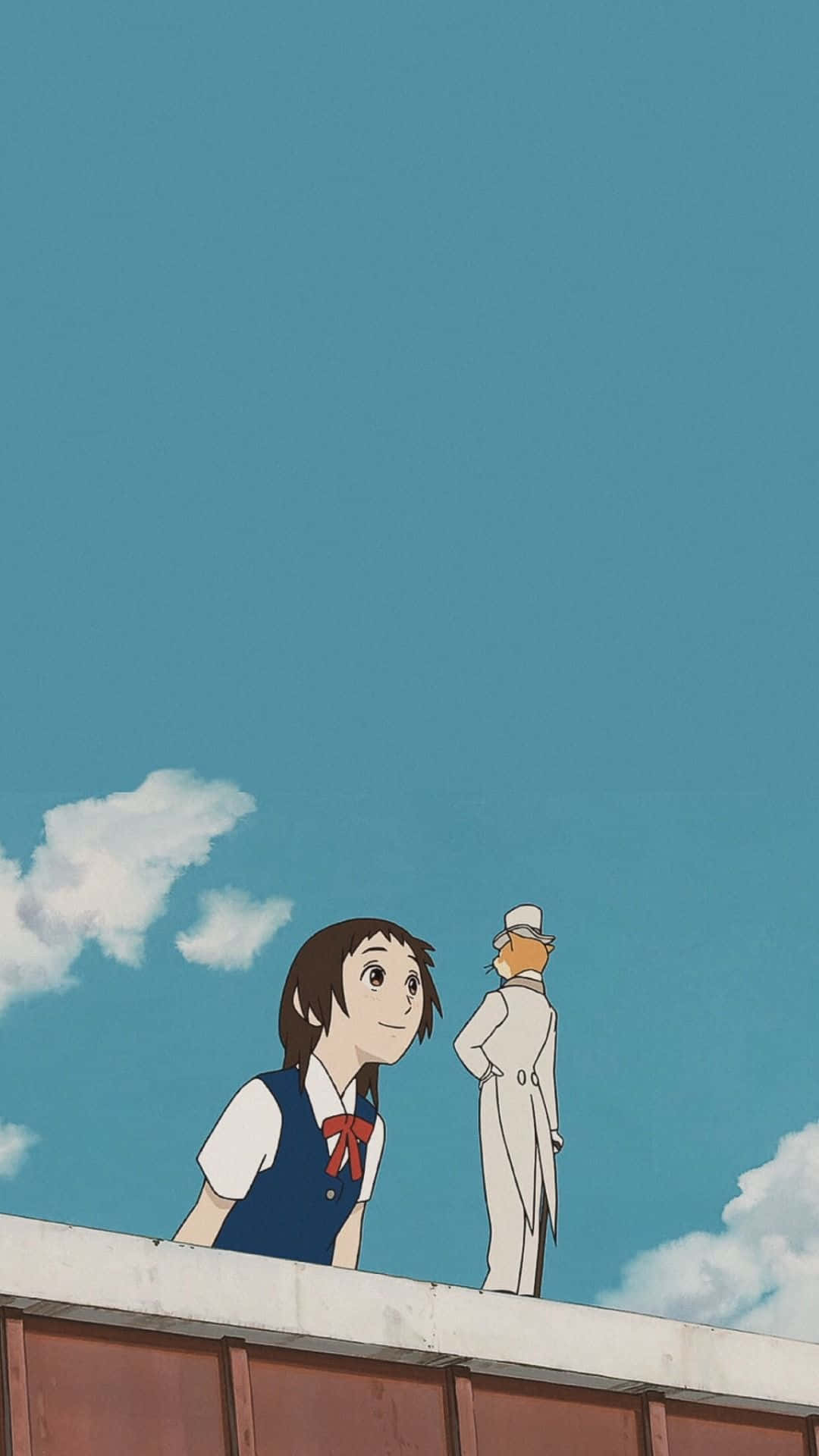 the cat returns 桌布 壁紙 — 一個穿著校服的年輕女孩和一個穿著白大褂的男人站在屋頂上，頭頂是廣闊的藍天和蓬鬆的白雲。