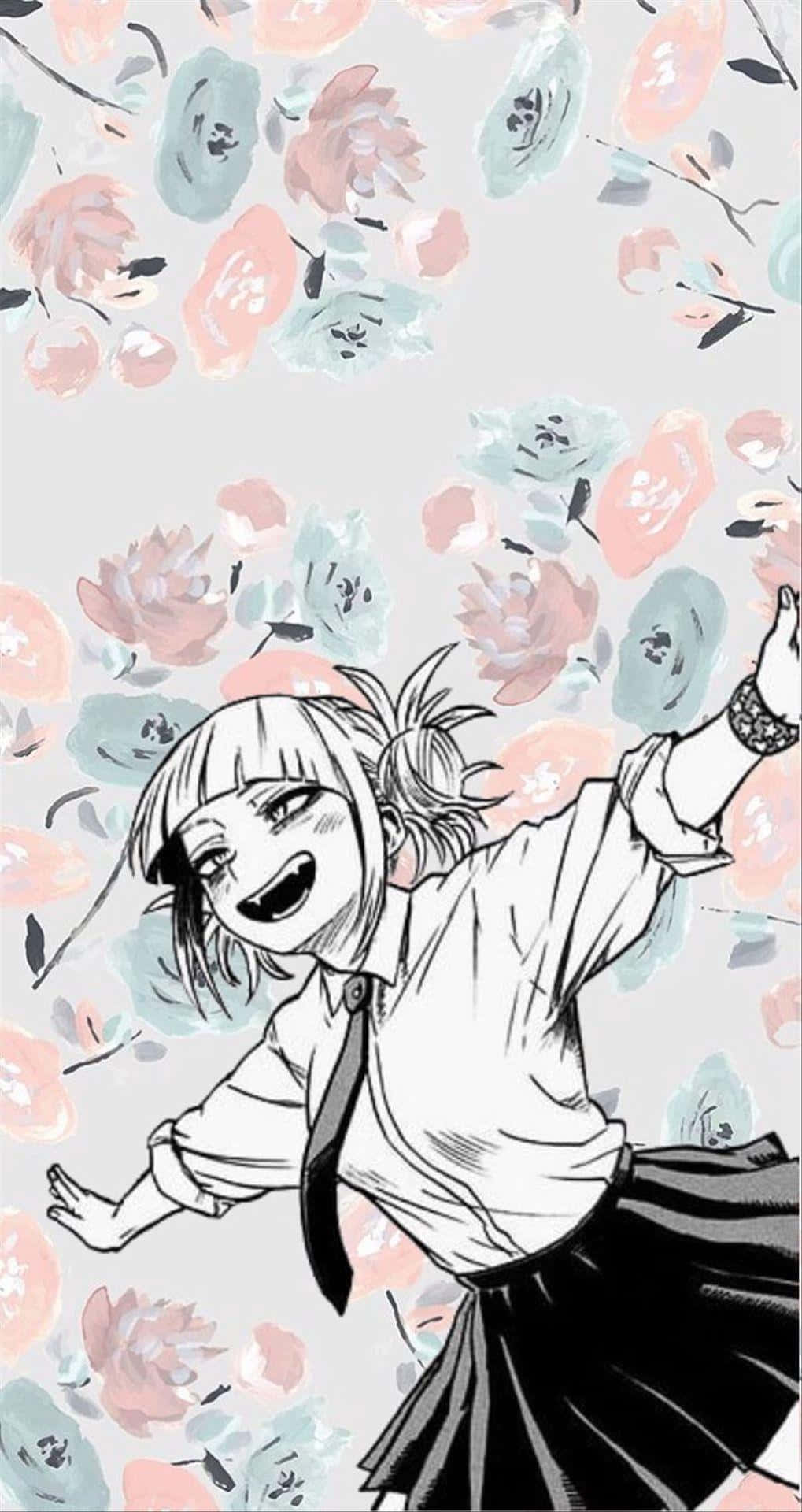 Toga 桌布 壁紙 — 一個穿著校服的開心動漫女孩在柔和的水彩花卉背景中笑著跳舞。