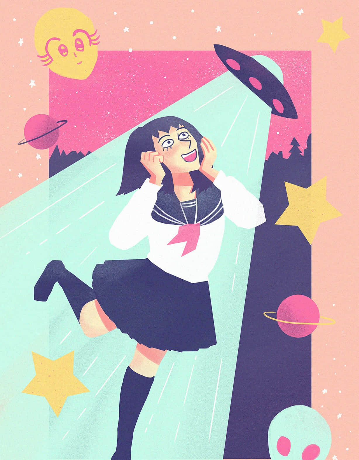 Tome Kurata 桌布 壁紙 — 一個穿著校服的開心動漫女孩跳舞，同時被UFO光束帶入一個有星星、行星和微笑太陽的宇宙場景。