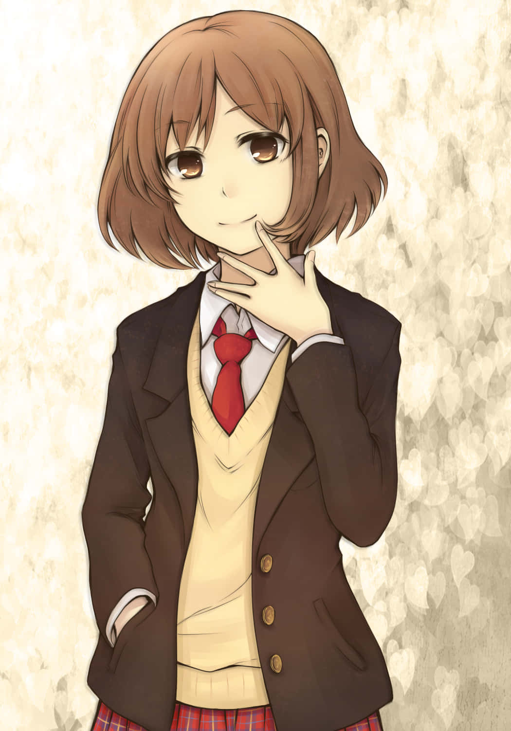 Haruhi Sasaki 桌布 壁紙 — 一個穿著校服的開朗動漫女孩，在帶有紋理的米色背景上輕輕觸碰下巴，溫柔地微笑。
