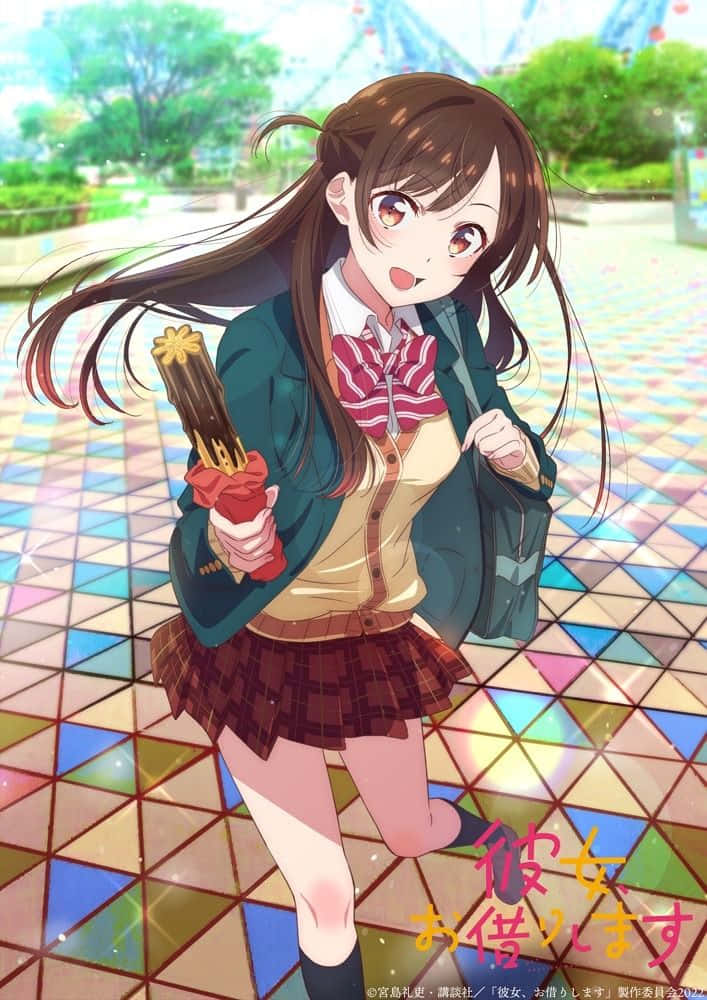 Chizuru Maihara 桌布 壁紙 — 一個穿著校服的開朗動漫女孩在明亮的日光下跑過色彩繽紛的幾何瓷磚廣場。
