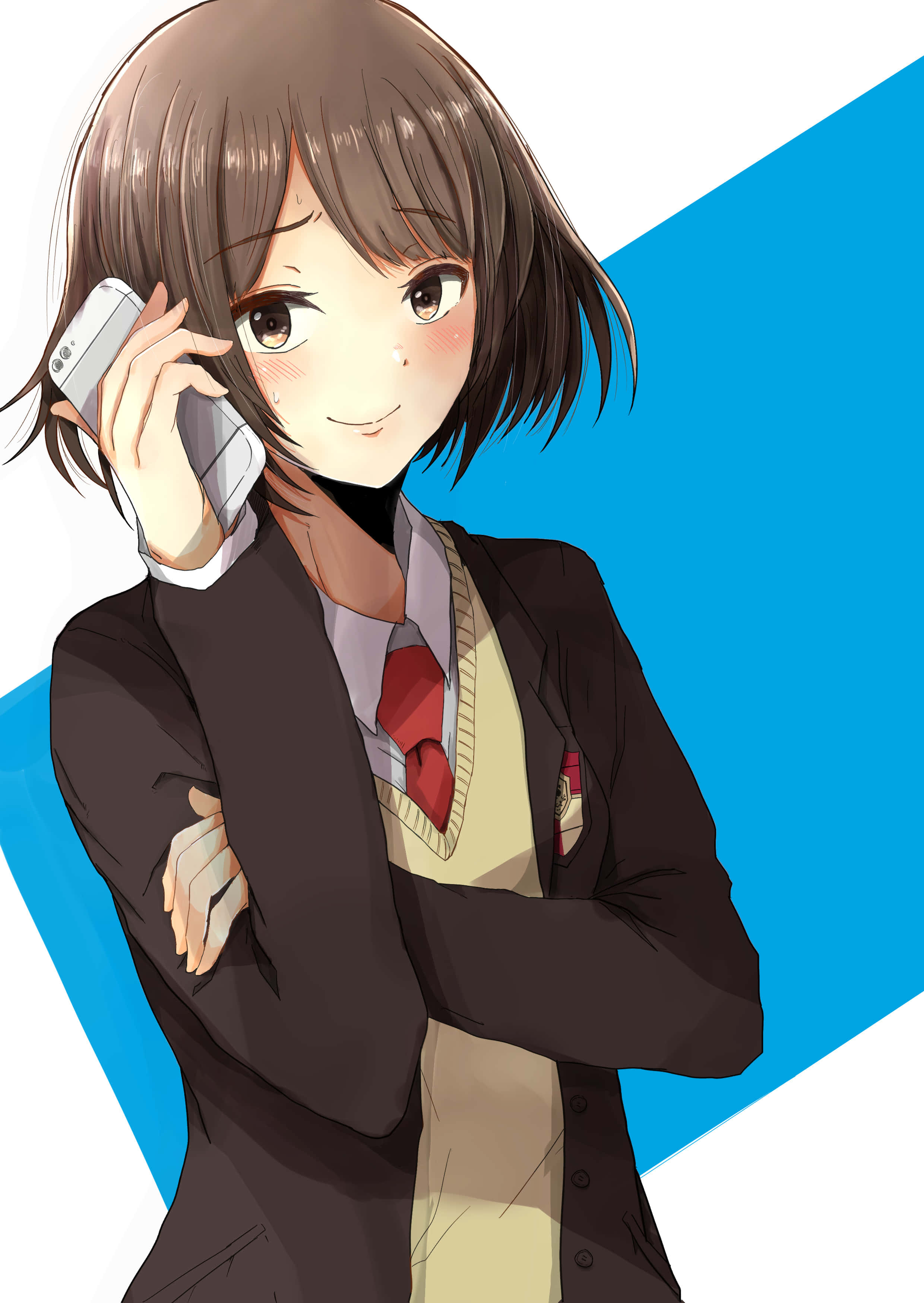 Haruhi Sasaki 桌布 壁紙 — 一個穿著校服的開朗動漫女孩在鮮明的藍白斜紋背景上微笑著講電話。