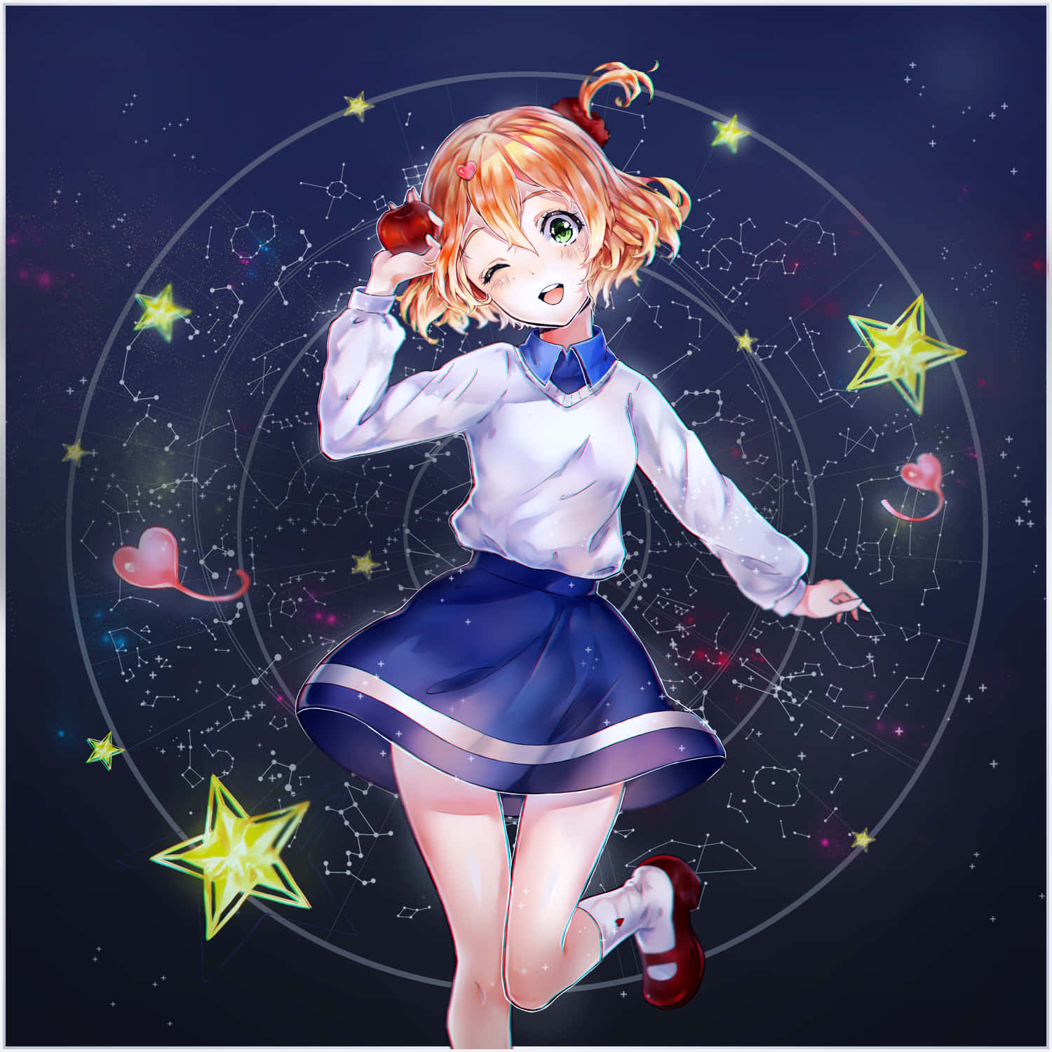 Macross Delta 桌布 壁紙 — 一個穿著校服的開朗動漫女孩在黑暗的宇宙背景下，在閃爍的星星和星座之間快樂地跳舞。