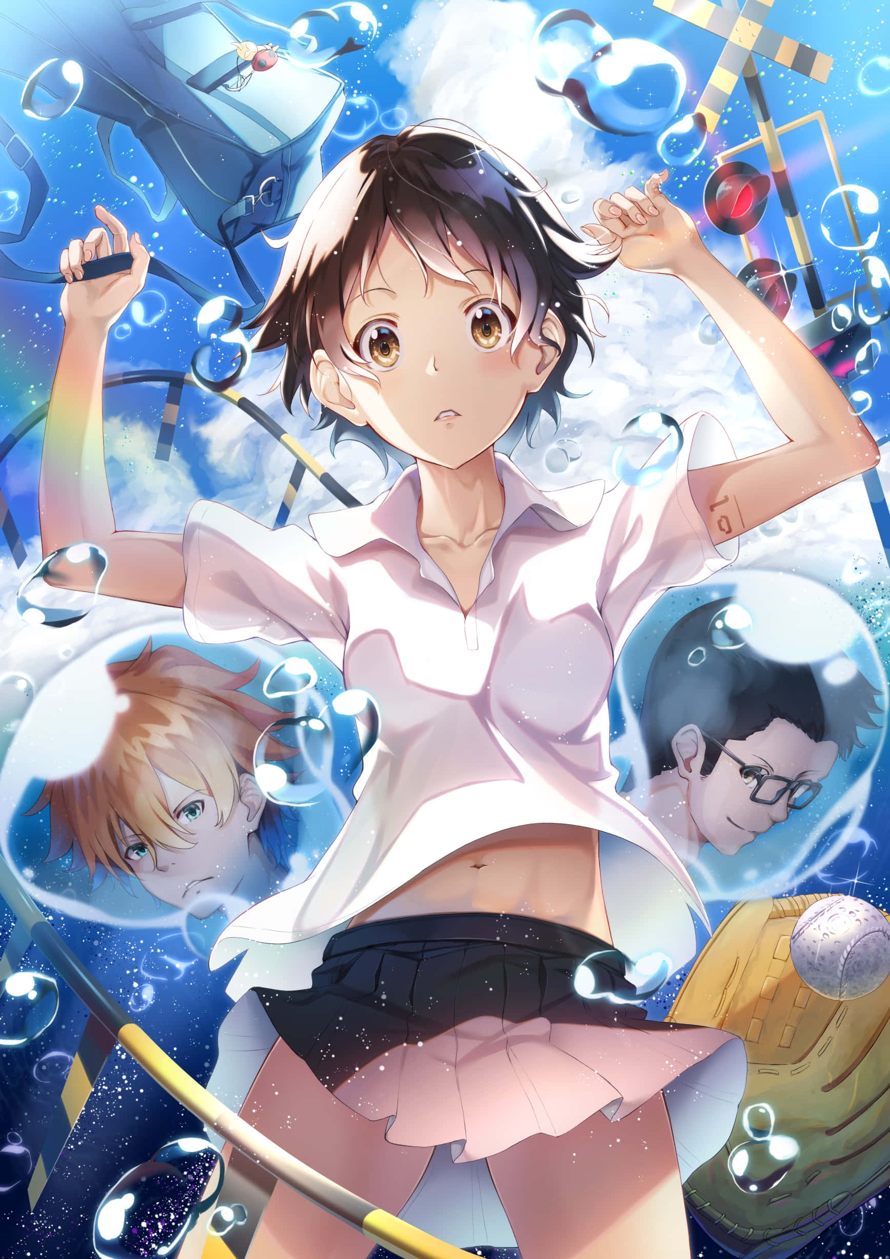 The Girl Who Leapt Through Time 桌布 壁紙 — 一個穿著校服的驚訝動漫女孩站在漂浮的泡泡中，泡泡內有同學的臉，周圍是運動裝備和藍天背景。