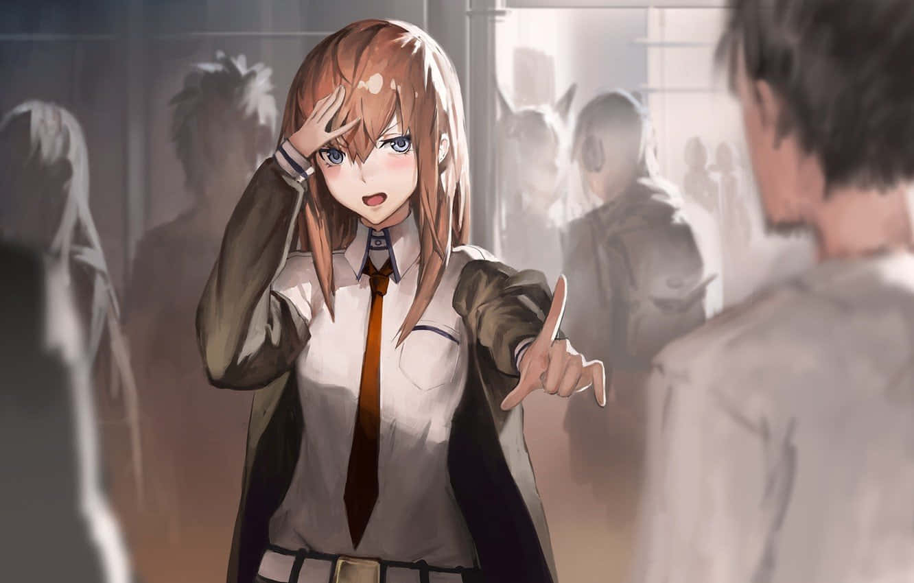 Steins Gate 桌布 壁紙 — 一個穿著校服的驚訝動畫女孩指責性地指著某人，背景中模糊的同學們在觀看。