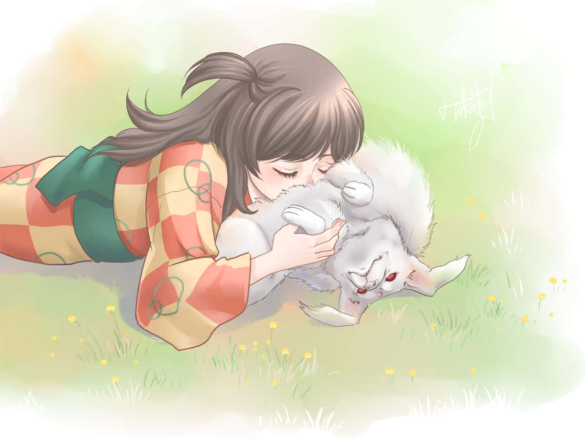 Inuyasha Rin 桌布 壁紙 — 一個穿著格仔和服嘅女仔喺有黃色花點綴嘅草地上擁抱一隻紅眼嘅毛茸茸白狐狸。