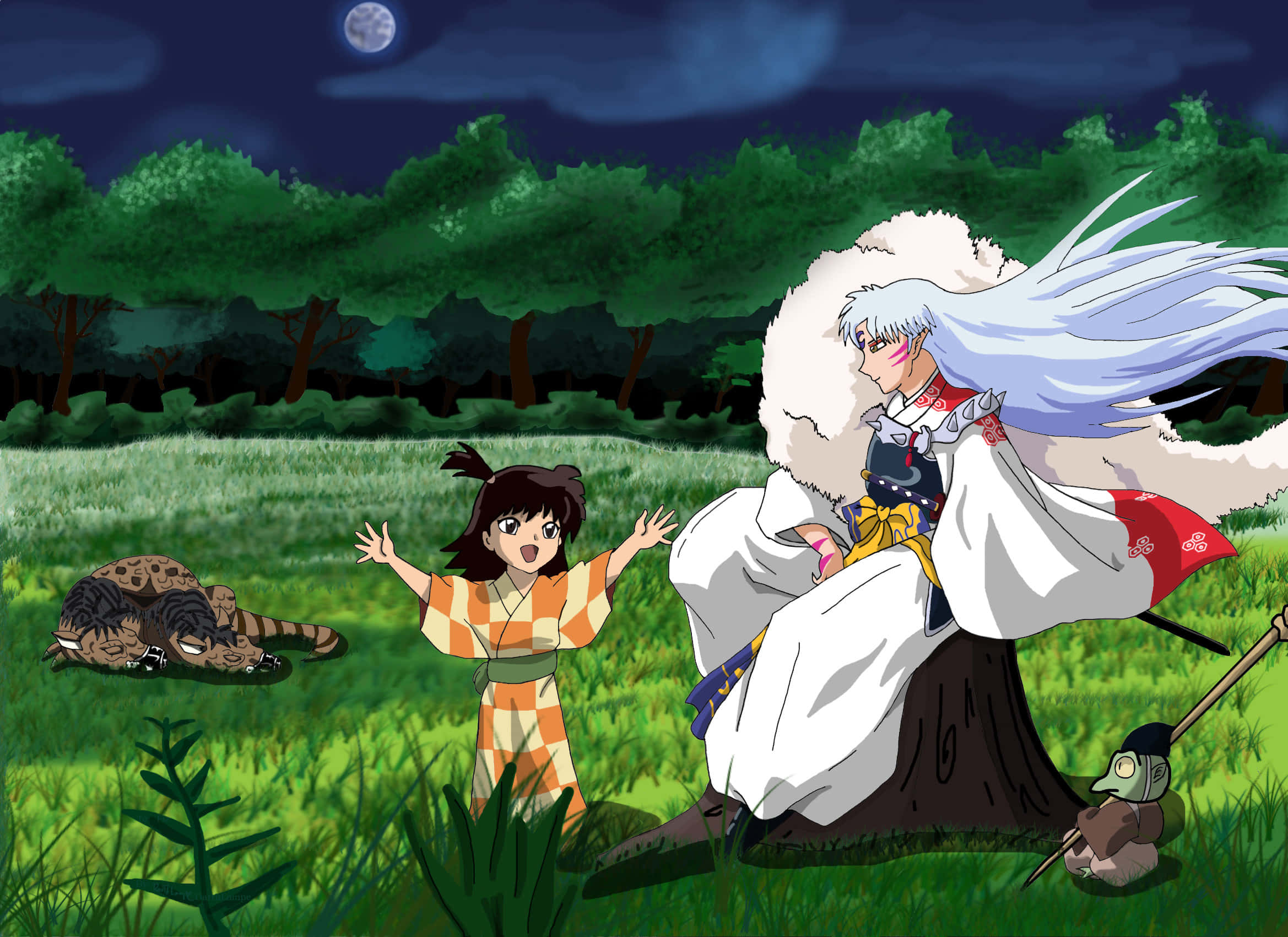 Sesshomaru 桌布 壁紙 — 一個穿著格仔和服的年輕女孩在月光照耀的森林中，高興地向一位銀髮動漫戰士（披著白色毛皮斗篷）打招呼。
