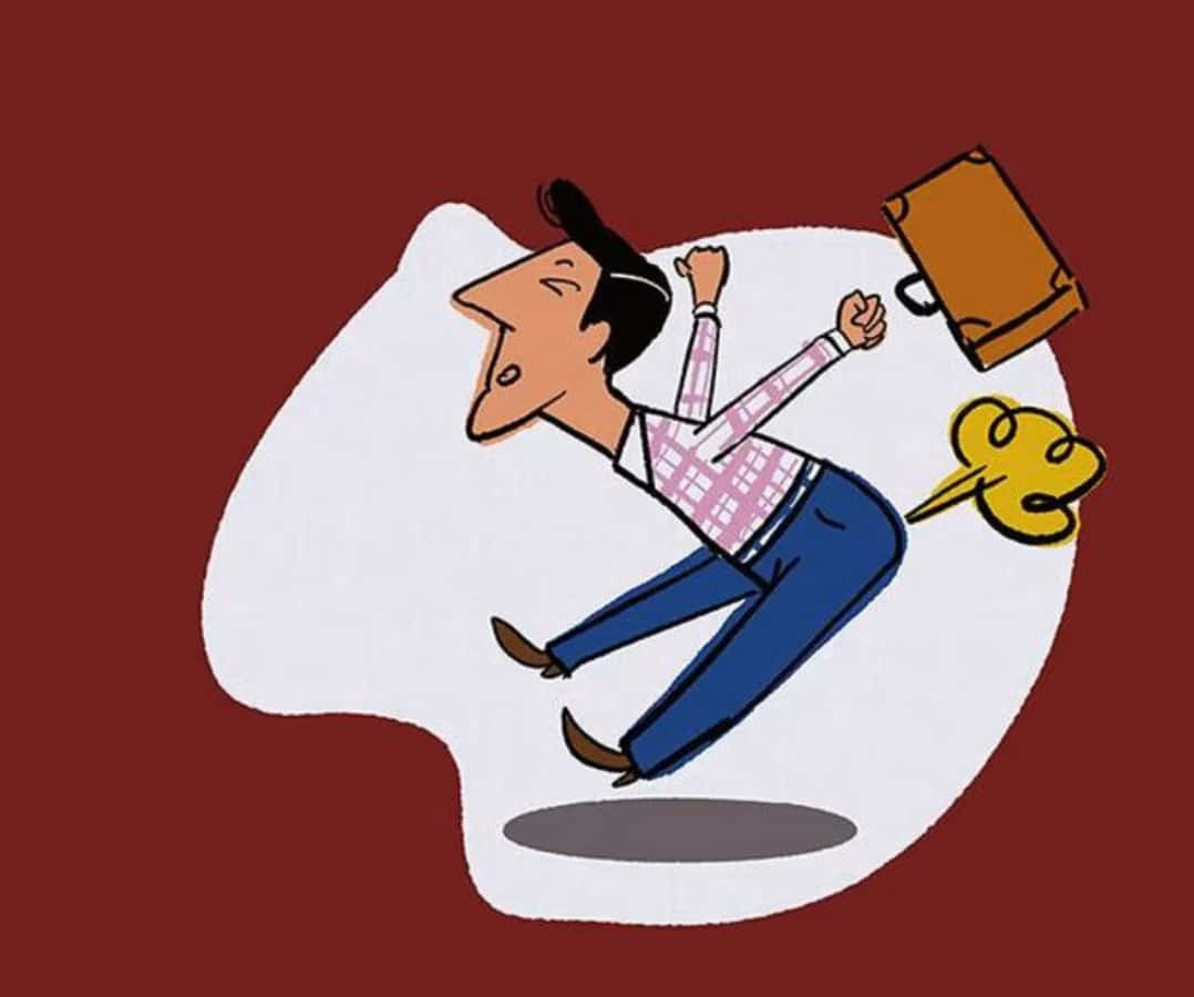 放屁 桌布 壁紙 — 一個穿著格仔衫的卡通男人，雙手舉起，快樂地跳躍，他的公事包飛走，一個黃色對話氣泡從他的臀部爆出。