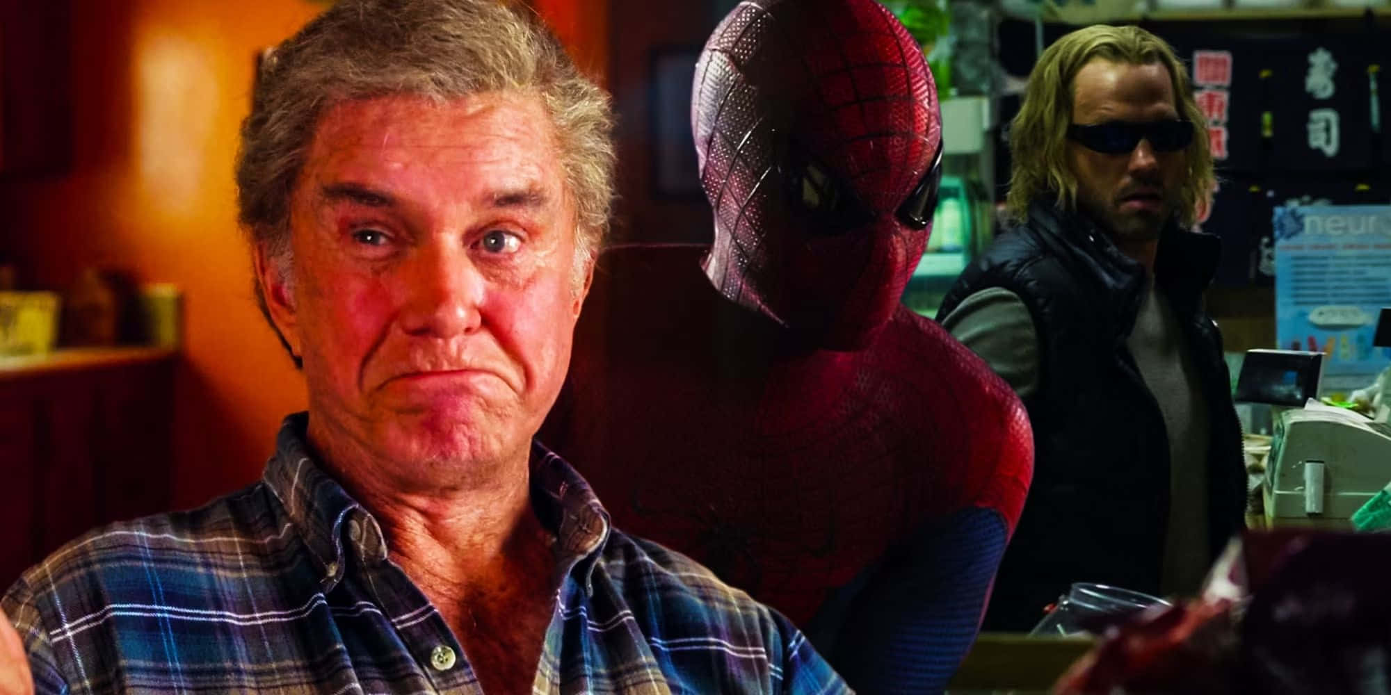 Uncle Ben 桌布 壁紙 — 一個穿著格仔衫的男人專注地凝視，蜘蛛俠和另一個戴太陽眼鏡的男人站在他身後，房間燈光昏暗。