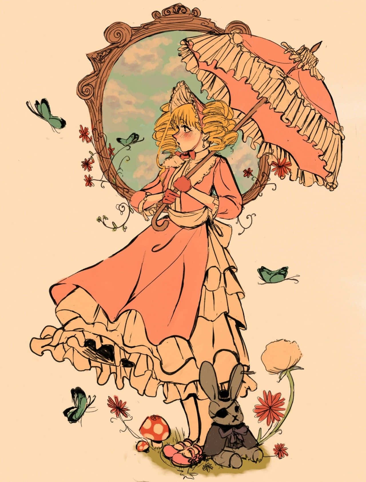 Elizabeth Midford 桌布 壁紙 — 一個穿著桃色荷葉邊連衣裙的女孩，手持相配的陽傘，周圍環繞著蝴蝶和一隻兔子的夢幻插圖。