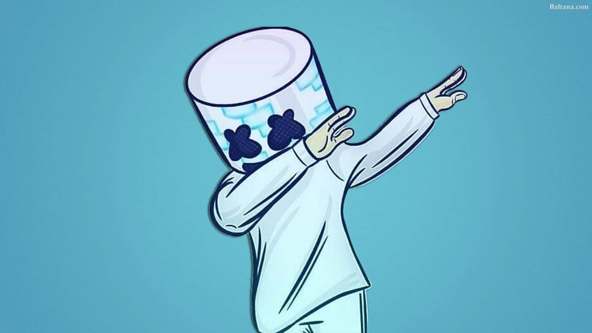 Marshmello 桌布 壁紙 — 一個穿著棉花糖服裝的卡通角色在純藍色背景前跳舞。