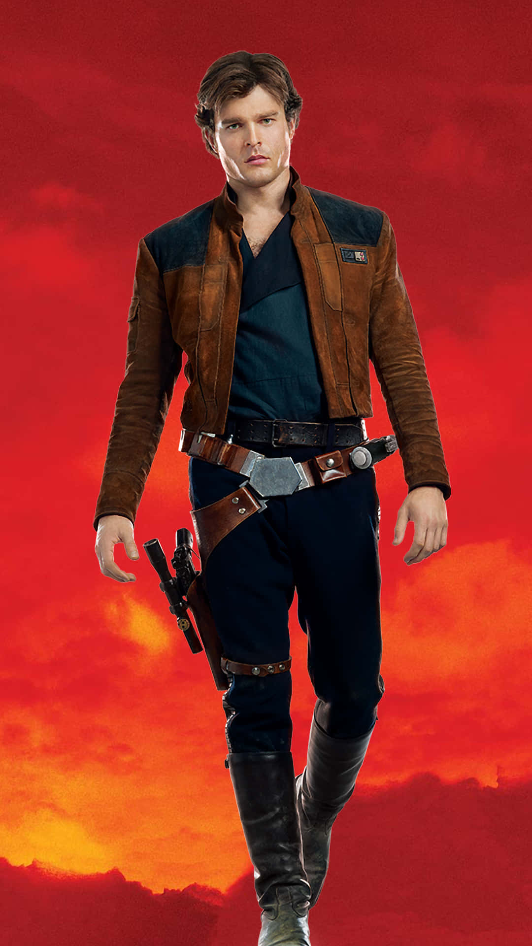 Solo A Star Wars Story 桌布 壁紙 — 一個穿著棕色皮褸和深色褲子的男人，自信地走在火紅和橙色的天空下。