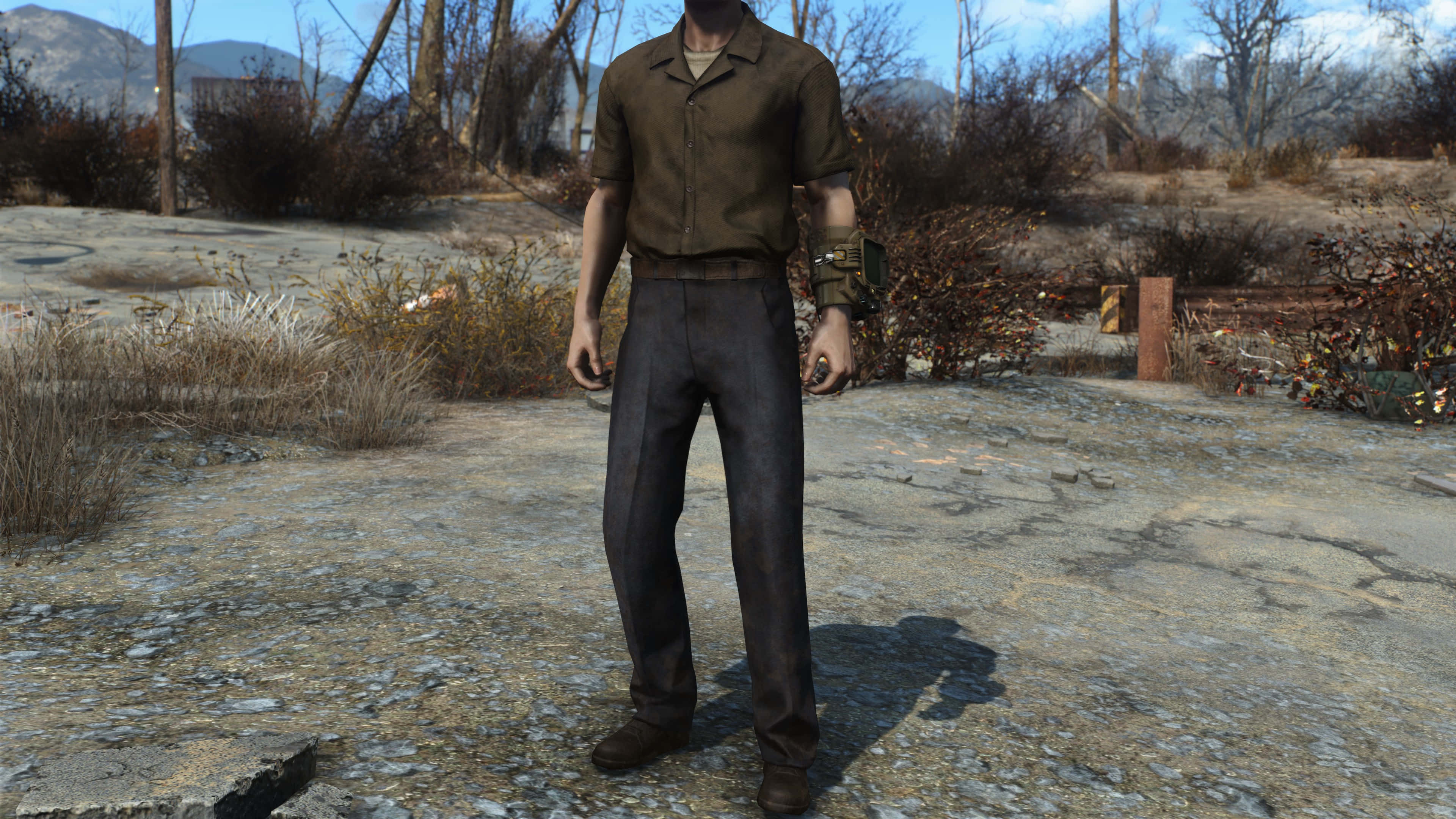 Fallout 4 The Capital Wasteland 桌布 壁紙 — 一個穿著棕色襯衫和深色褲子的角色站在荒涼多石的荒地中，有乾燥的灌木叢和遠處的山脈，天空清澈湛藍。