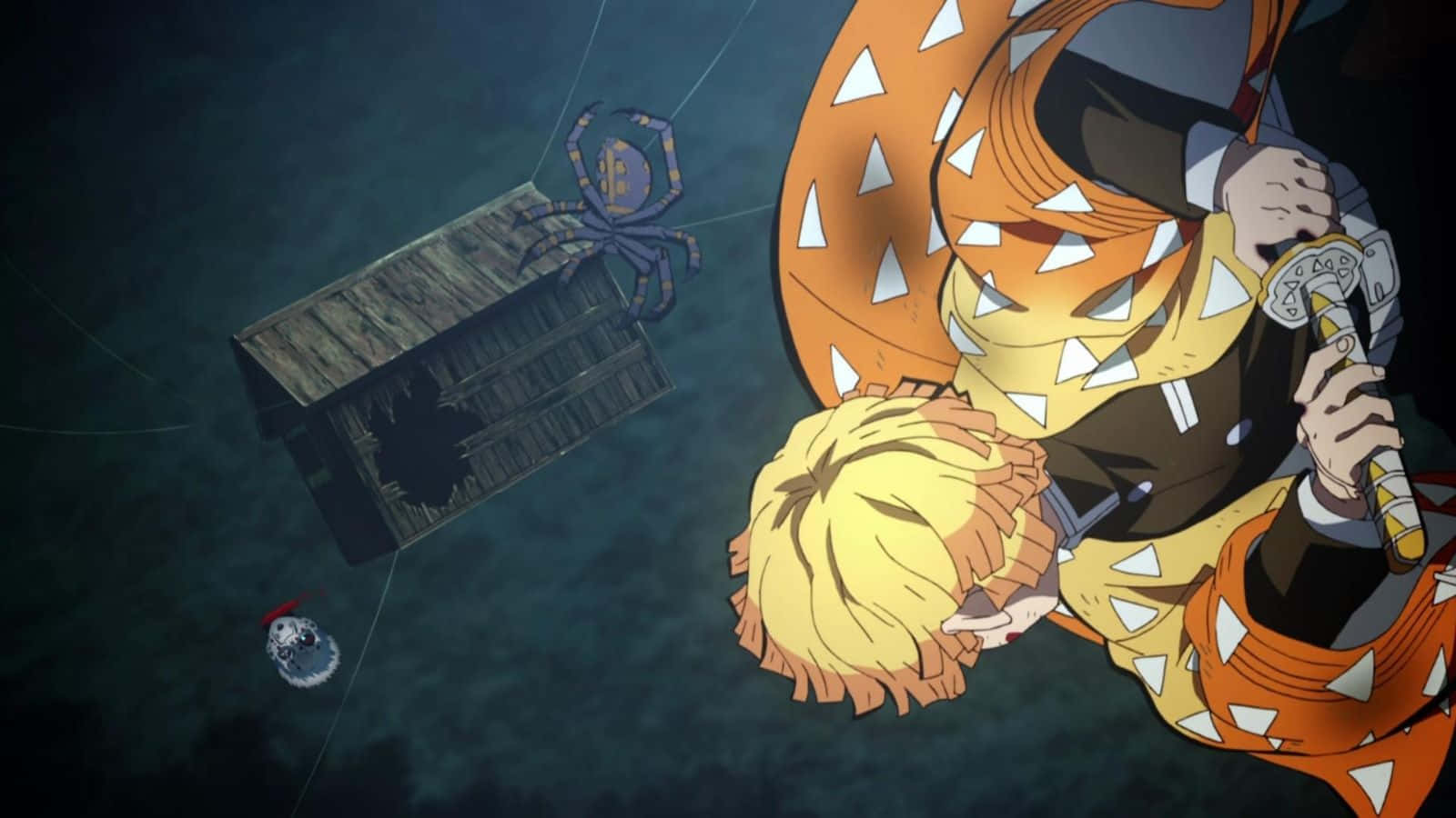 Demon Slayer Fight 桌布 壁紙 — 一個穿著橙色和白色盔甲的動漫角色手持劍，漂浮在黑暗的水面上，附近有一隻蜘蛛和一個漂浮的木箱。