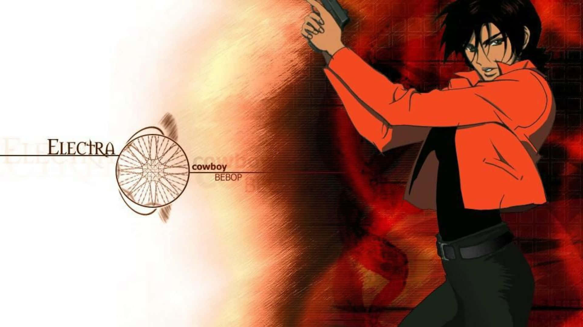 Cowboy Bebop Electra 桌布 壁紙 — 一個穿著橙色外套的動漫角色，在熾熱的紅橙色背景上，瞄準一把手槍，背景有太空船輪標誌。
