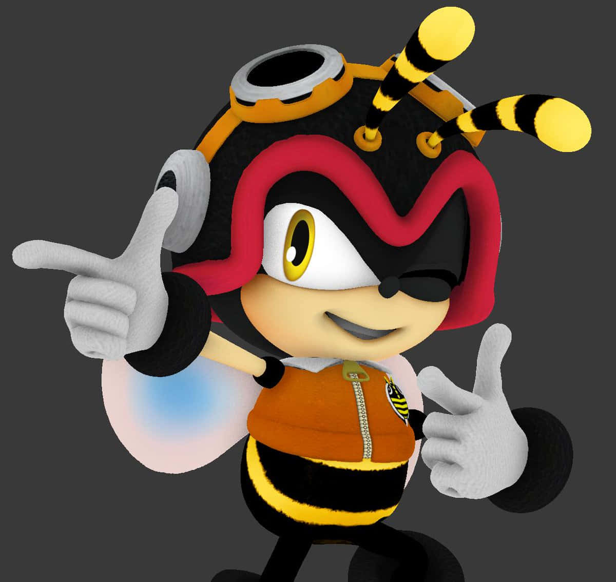 Charmy Bee 桌布 壁紙 — 一個穿著橙色背心的開心3D蜜蜂角色，在深灰色背景上豎起兩個大拇指。