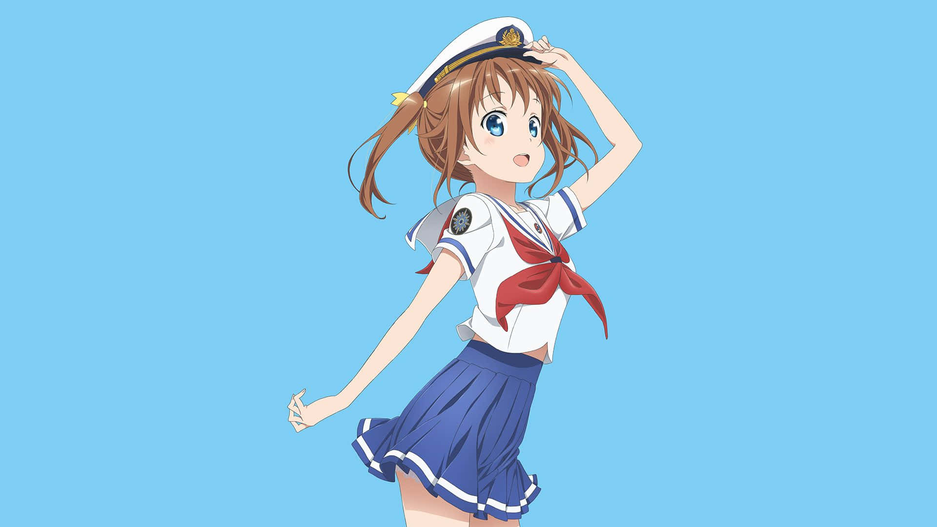 High School Fleet 桌布 壁紙 — 一個穿著水手服嘅開心動漫女仔喺純藍色背景前頑皮咁擺甫士。