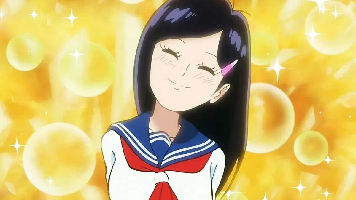 Tsubomi Takane 桌布 壁紙 — 一個穿著水手服的可愛動漫女孩，在閃爍的金色泡泡背景下閉眼微笑。