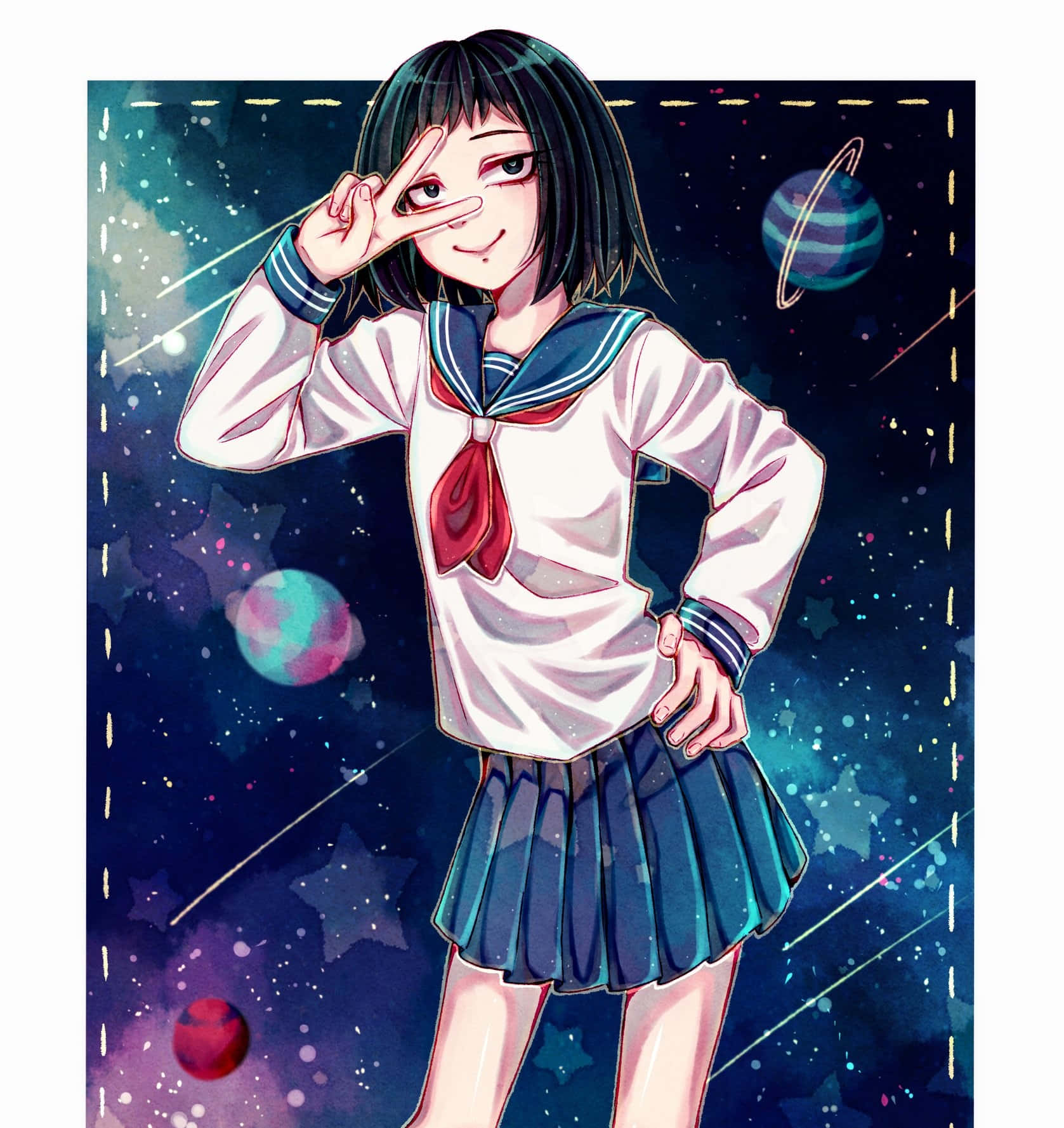 Tome Kurata 桌布 壁紙 — 一個穿著水手服的可愛動漫女孩在充滿活力的宇宙背景下敬禮，背景有發光的行星和星星。