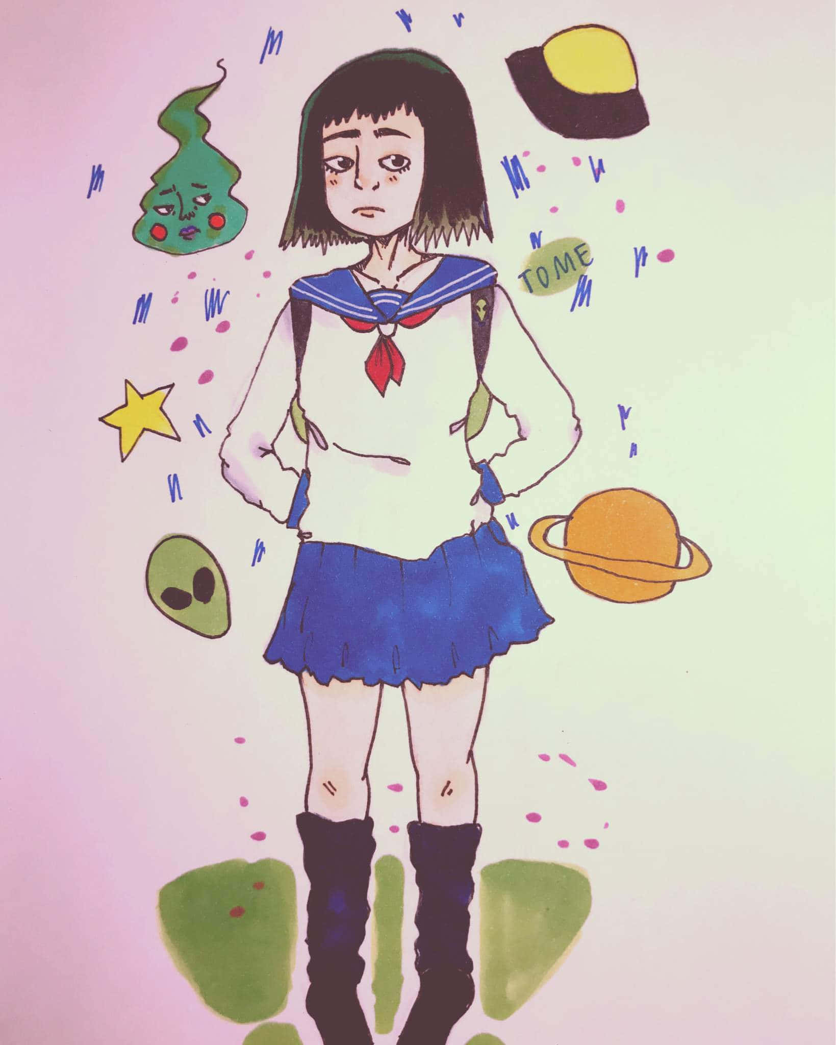 Tome Kurata 桌布 壁紙 — 一個穿著水手服的憂鬱動漫女孩，站在被漂浮的外星行星和星星包圍的柔和漸變背景前。